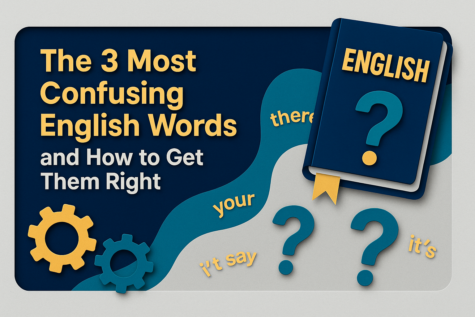 Banner image showing the title “The 3 Most Confusing English Words and How to Get Them Right” in a 3D paper cut art style using brand colors, symbolizing confusing English words like 'there', 'your', and 'it's'.