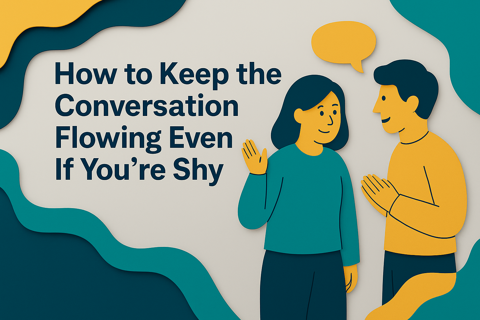 3D paper cut illustration showing two people talking with a friendly tone, visually representing conversation tips for shy people using All About English Mastery brand colors.