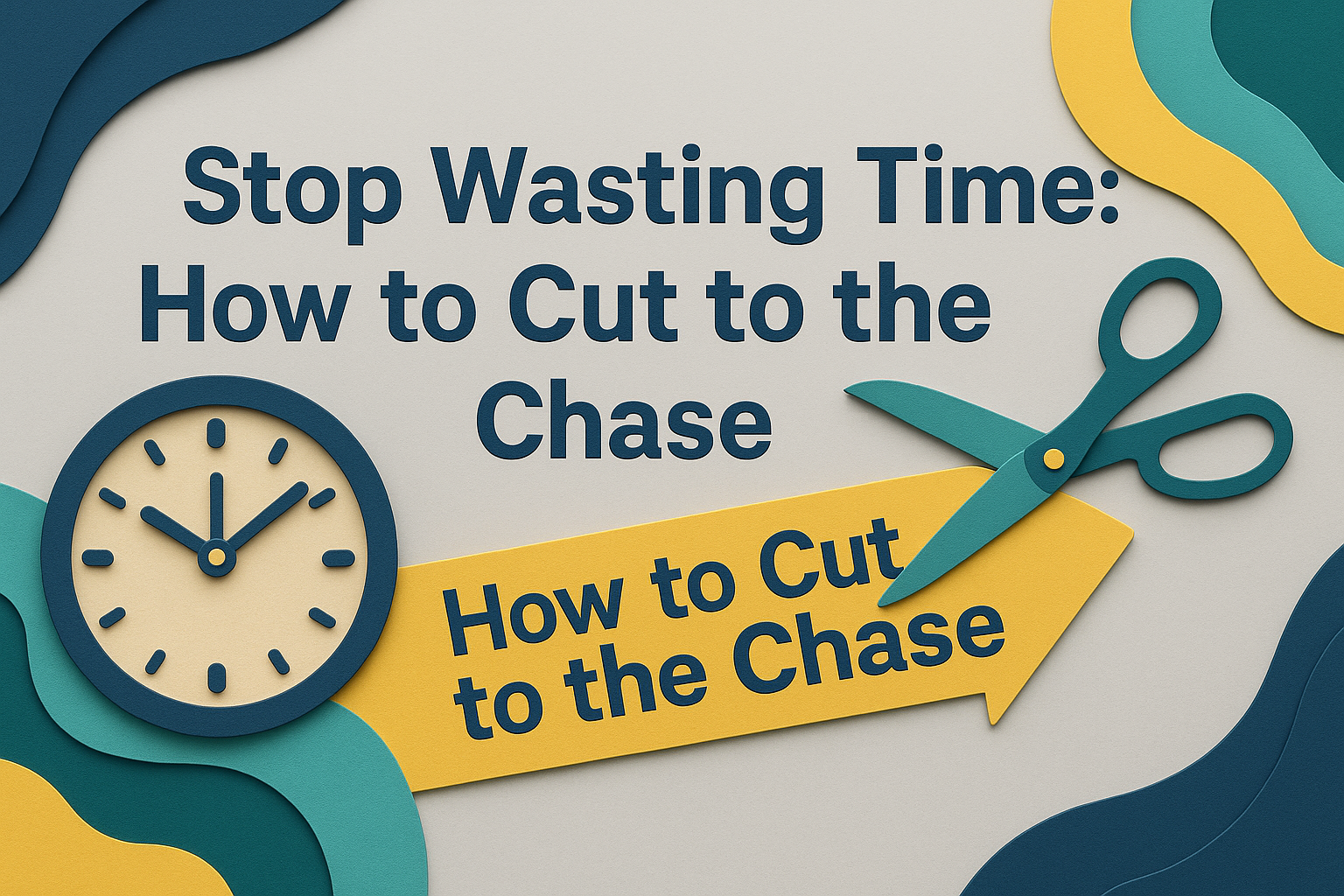 A wide 3D paper cut-style banner reading “Stop Wasting Time: How to Cut to the Chase” with a navy blue clock and gold scissors cutting through a yellow arrow, symbolizing clarity and directness.