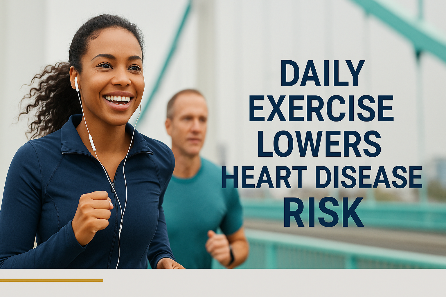 Banner image illustrating how daily exercise lowers heart disease risk, showing a smiling woman jogging in navy blue with modern cityscape, using All About English Mastery brand colors.