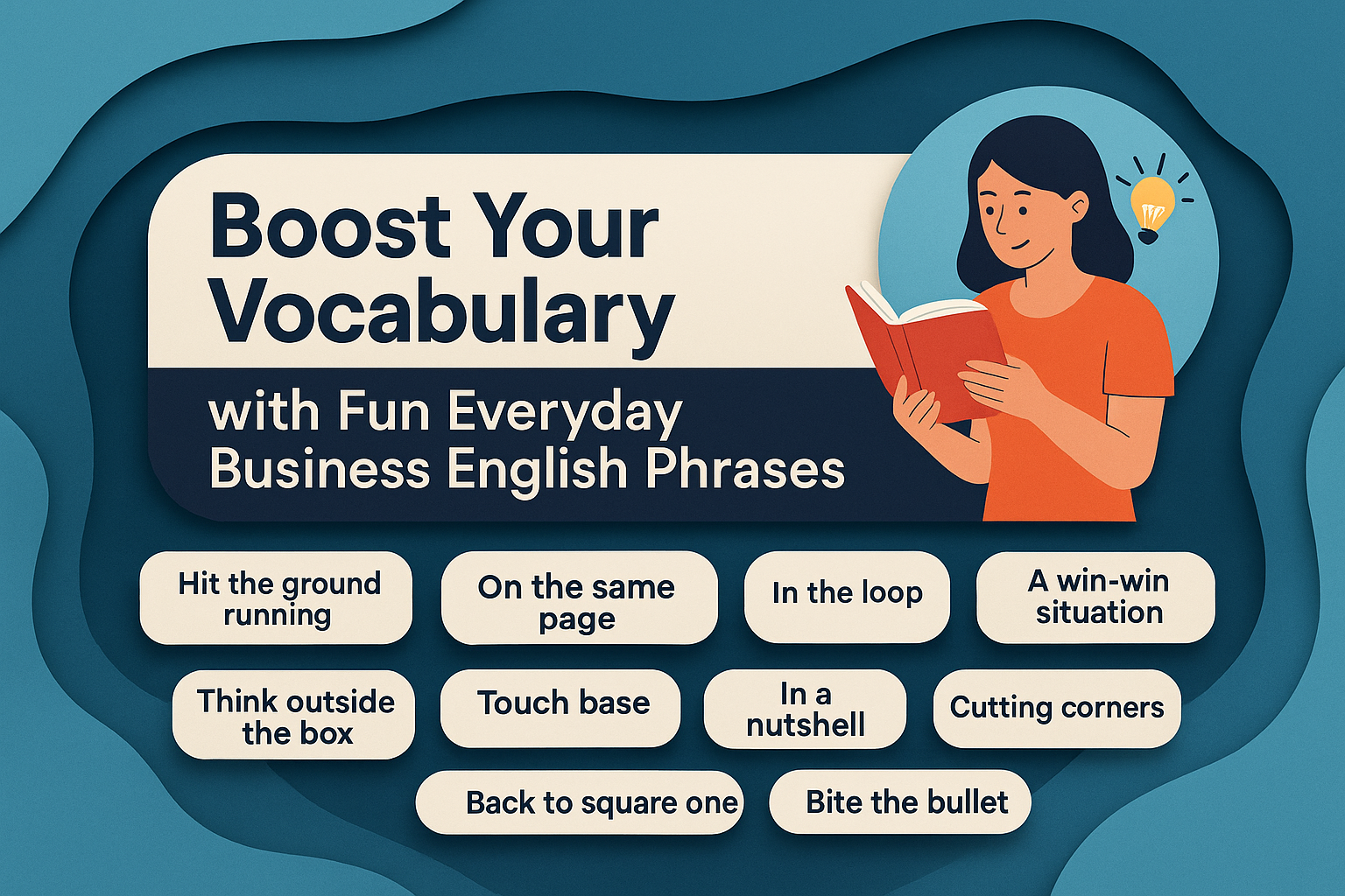 Blog banner for 'Boost Your Vocabulary with Fun Everyday Business English Phrases' featuring key phrases like get the ball rolling, touch base, think outside the box, and more.