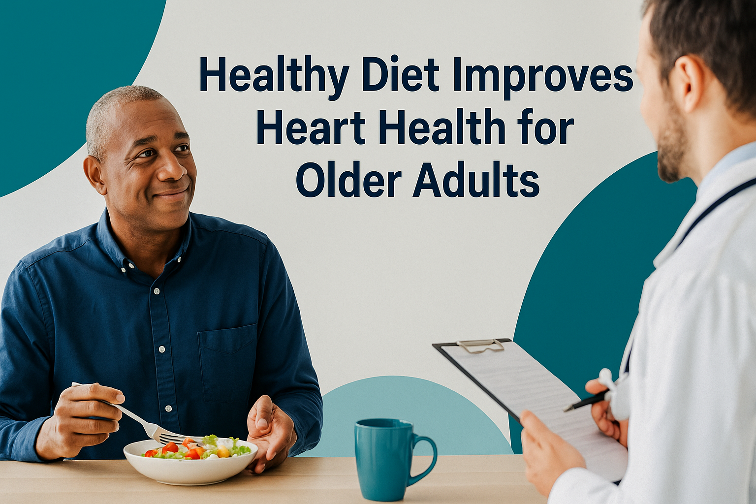 Photographic banner showing a healthy diet consultation between a doctor and older adult, supporting the theme "healthy diet improves heart health"