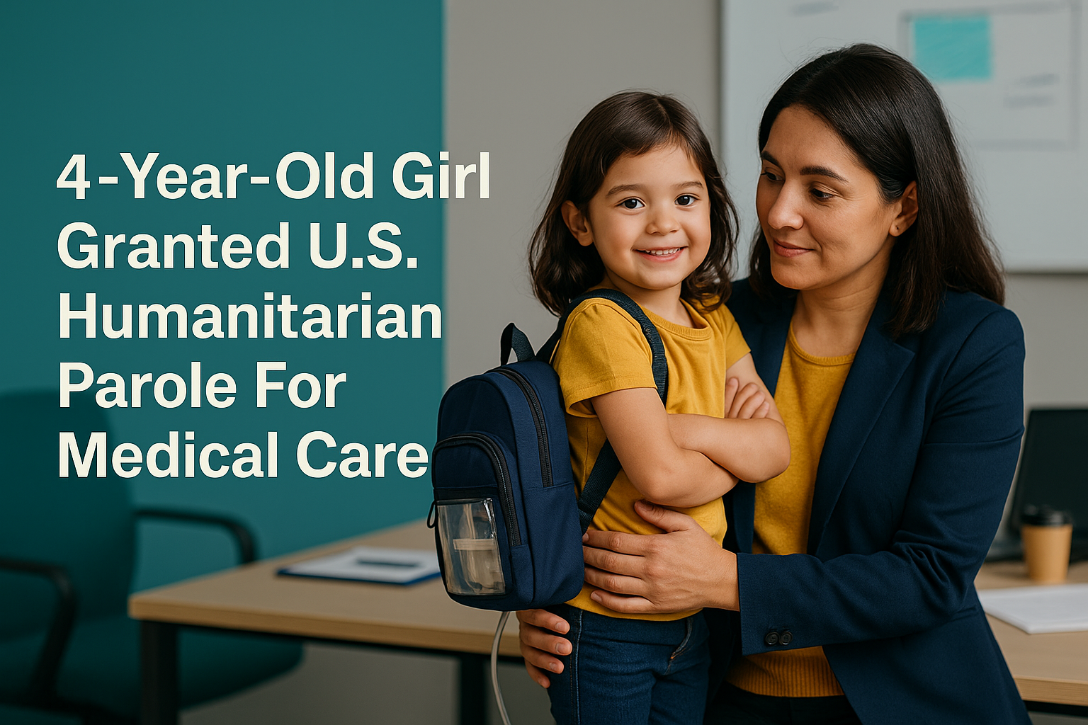 A mother embraces her smiling daughter wearing a medical backpack, highlighting the topic of humanitarian parole medical care in a hopeful business-office setting.