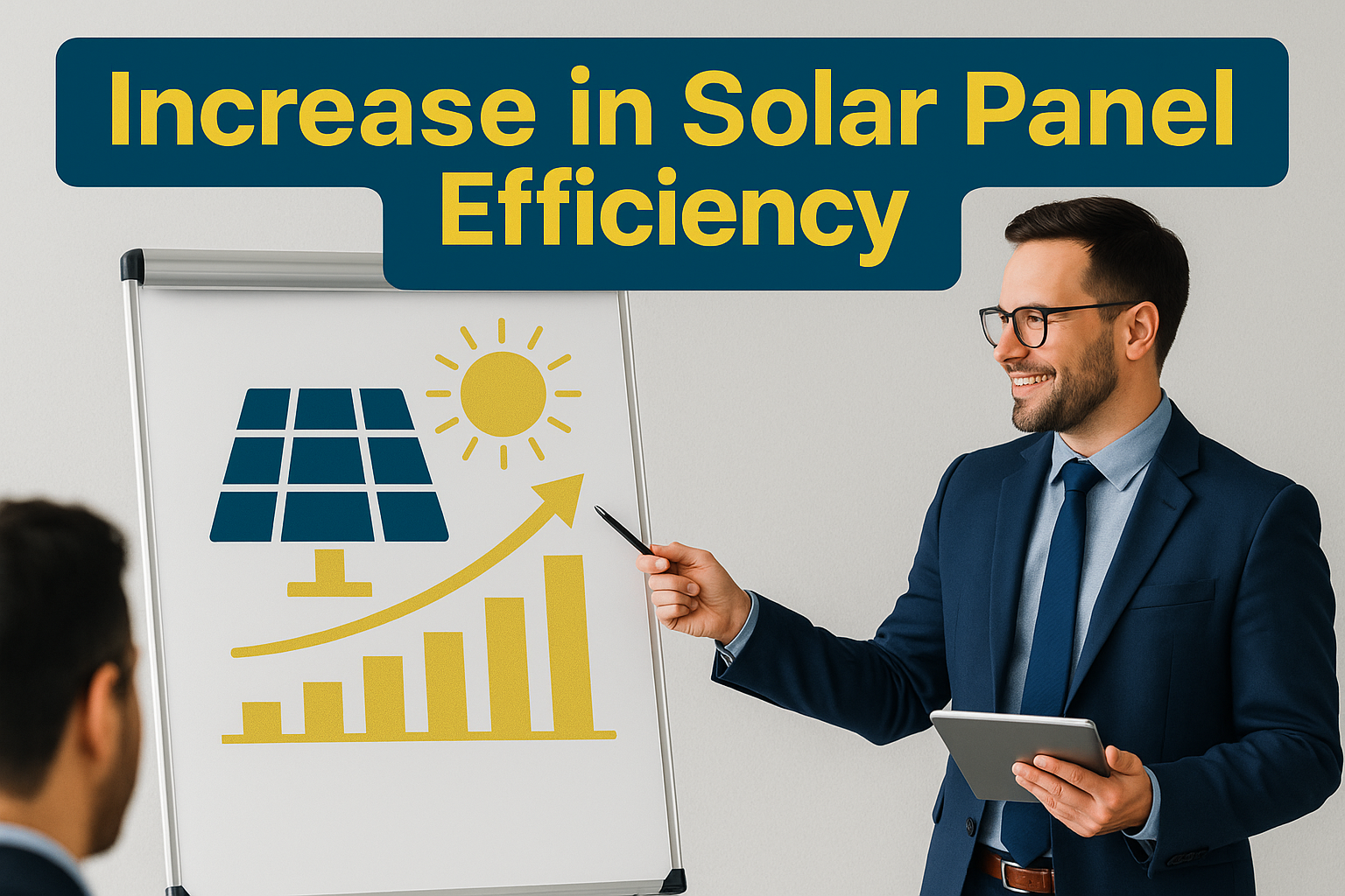 Businessman presenting a chart showing increase in solar panel efficiency with solar and bar graph icons in navy blue and soft gold.