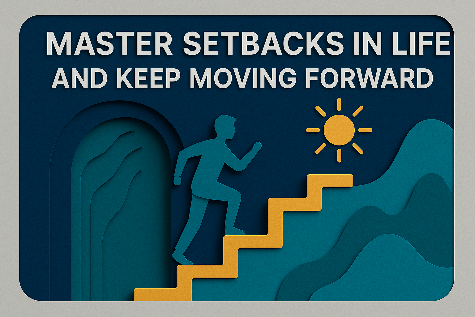 Banner image showing a person climbing golden steps toward a sun, symbolizing personal growth and recovery, with the words “Master Setbacks in Life and Keep Moving Forward” in bold white Roboto font. Navy blue, soft gold, light gray, and teal in 3D paper cut style.