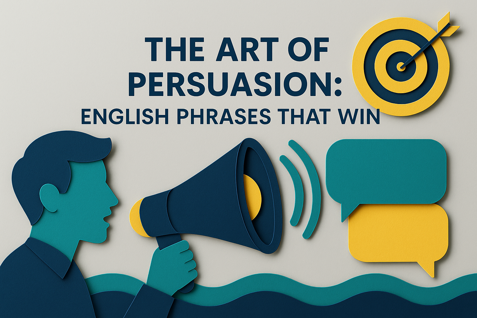 A 3D paper-cut style banner image titled "The Art of Persuasion: English Phrases That Win" featuring visual symbols of persuasive English phrases including speech bubbles, a megaphone, and a gold target with arrow, all in navy blue, soft gold, teal, and light gray.