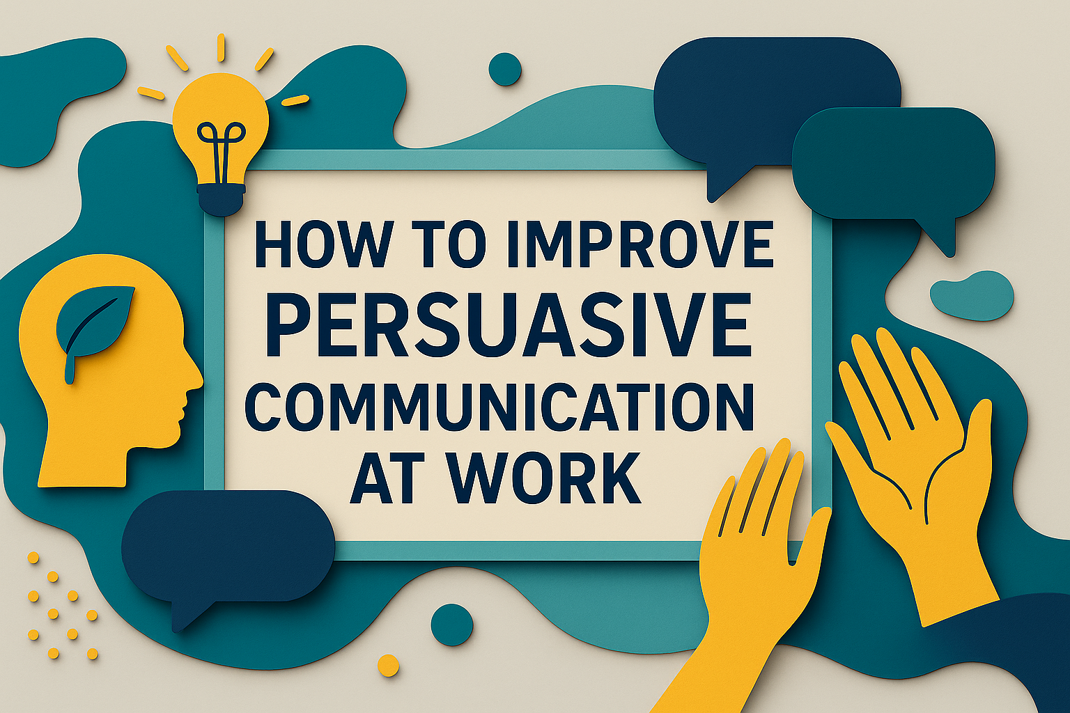 A wide 3D paper-cut banner illustrating "How to Improve Persuasive Communication at Work" with speech bubbles, hands, and a lightbulb in brand colors.