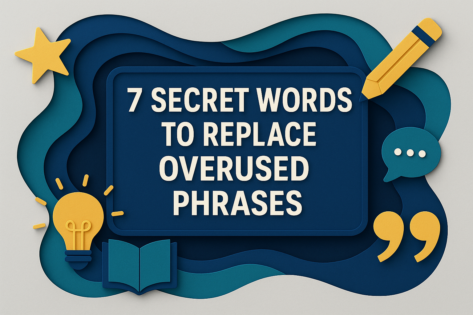 Banner image with the title "7 Secret Words to Replace Overused Phrases" in 3D paper cut art style using navy blue, soft gold, light gray, and teal highlights, visually reinforcing the theme of how to replace overused phrases in English.