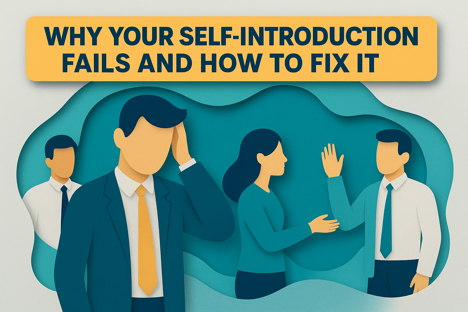 3D paper cut style banner showing professionals in business attire interacting, with the title 'Why Your Self-Introduction Fails and How to Fix It'; illustrating how self-introduction fails and how to improve it.