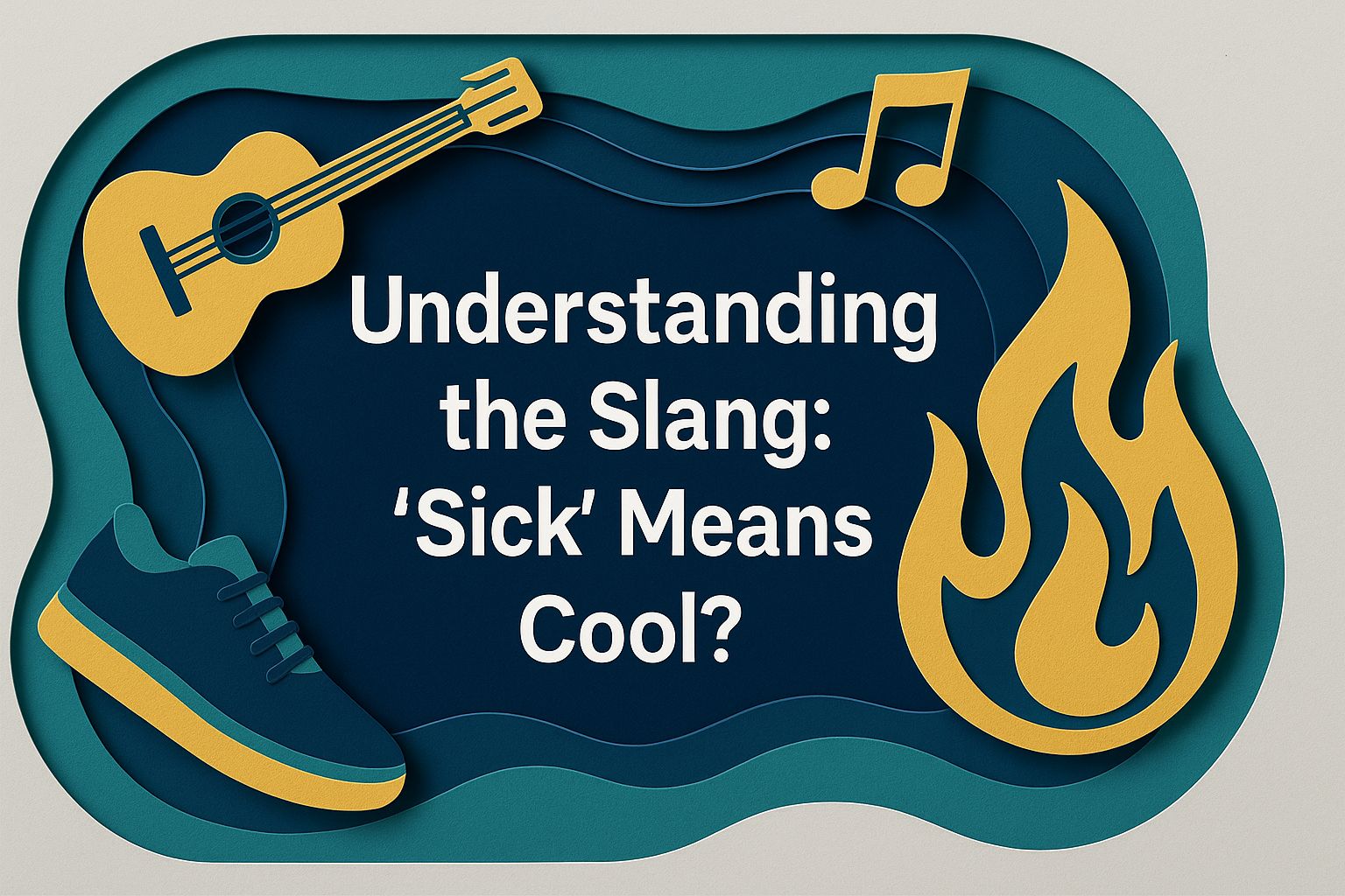 Wide 3D paper cut-style banner showing the phrase “Understanding the Slang: ‘Sick’ Means Cool?” in Roboto Bold, with layered artwork in navy blue, soft gold, light gray, and teal. Decorative elements include a gold guitar, a sneaker, a flame, and musical notes.