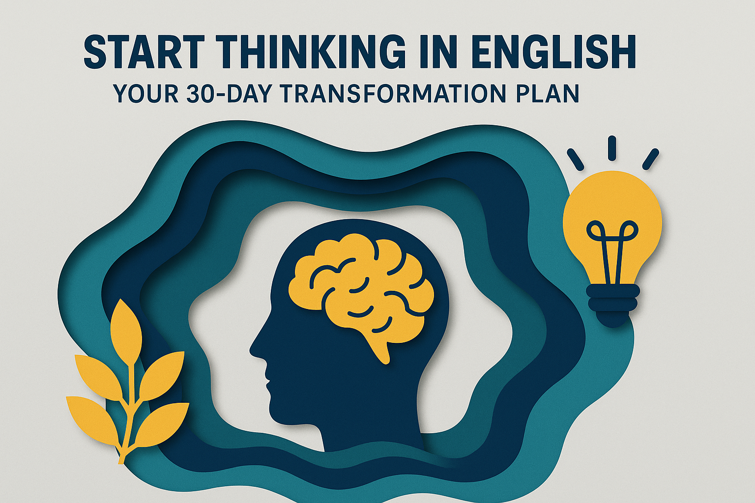 3D paper cut illustration banner showing a silhouette of a head with a gold brain and the phrase “Start Thinking in English” to represent a 30-day English fluency plan.