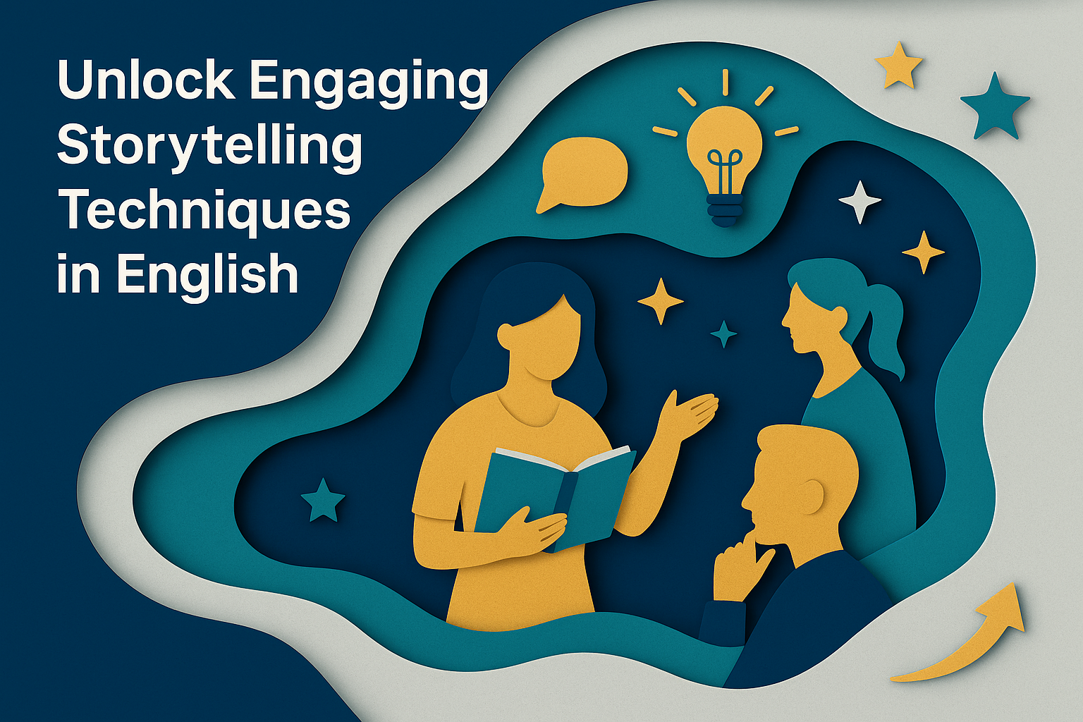 Flat-style 3D paper cut illustration showing professionals using storytelling techniques in English with navy, gold, teal, and light gray tones.