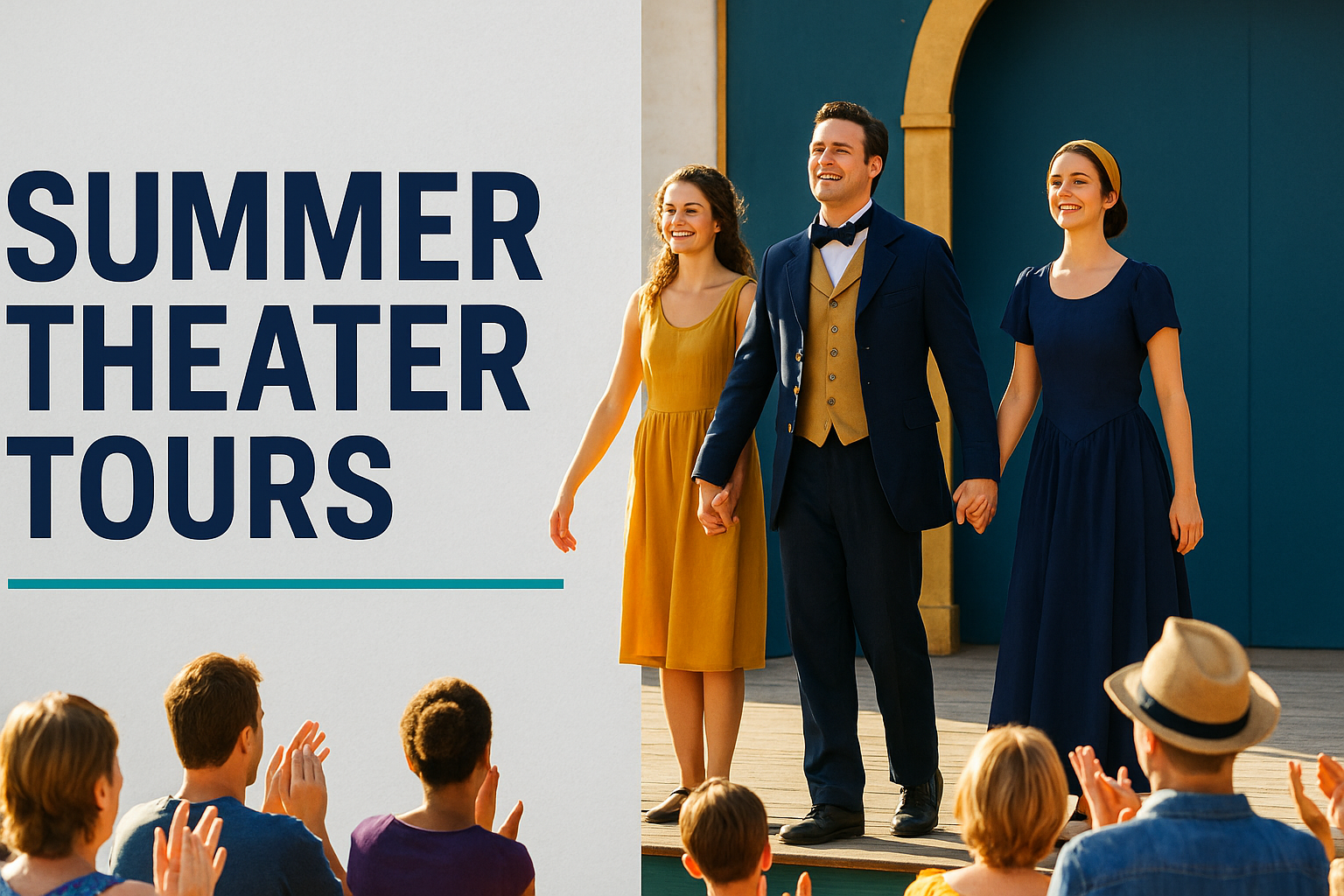 Promotional banner for “summer theater tours” with clearly positioned title on left and photo of actors taking a bow on right, using brand colors.