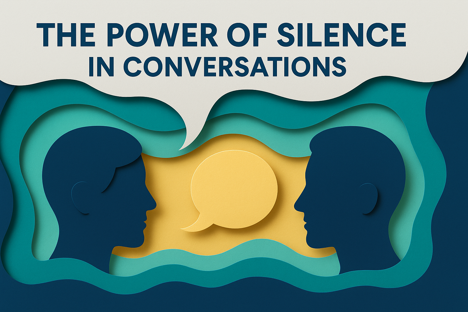 Banner image illustrating "The Power of Silence in Conversations" using 3D paper cut art in navy blue, soft gold, light gray, and teal. Two quiet silhouettes and a speech bubble emphasize confident, professional communication.