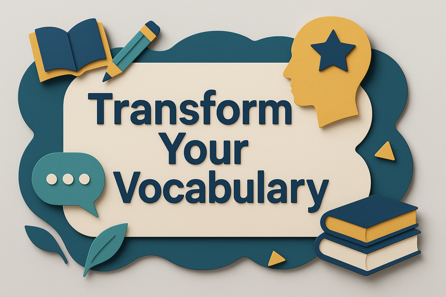 Banner image in 3D paper cut style with the phrase “Transform Your Vocabulary” in navy blue text, designed to match All About English Mastery branding.