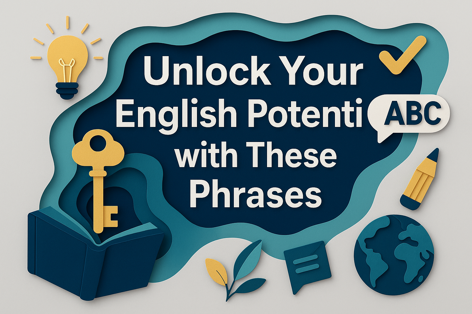 A 3D paper cut-style banner featuring the phrase "Unlock Your English Potential with These Phrases" in bold Roboto font, set against a light gray background with navy blue, soft gold, and teal accents, symbolizing learning and communication.
