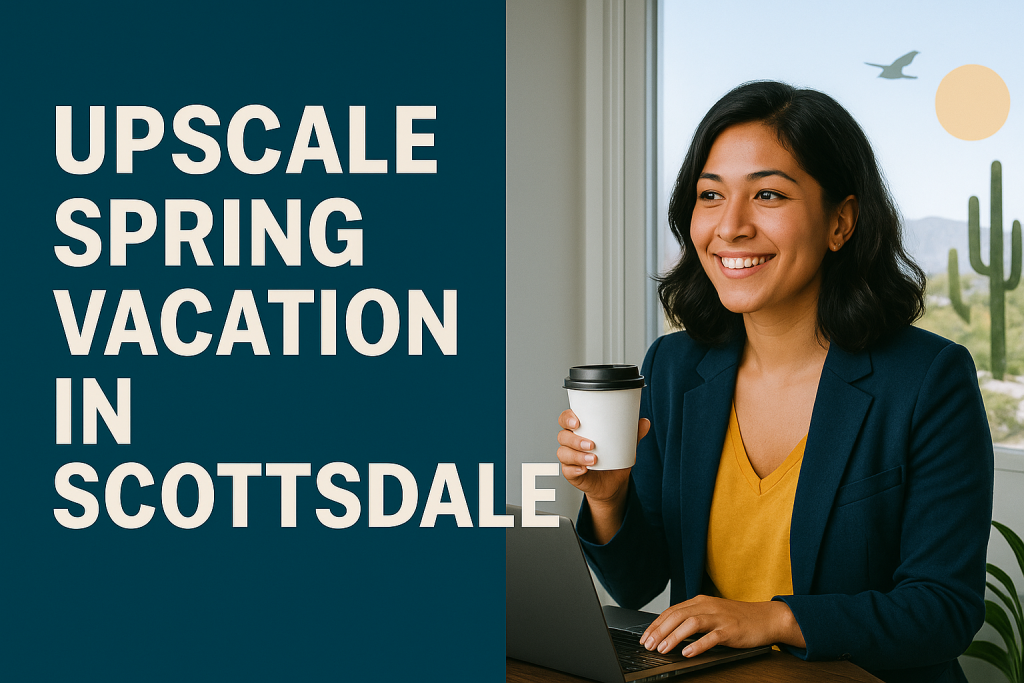 A promotional digital photograph features a young woman in a navy blazer and mustard blouse enjoying coffee by a bright window, with desert scenery in the background—perfectly capturing the feel of an upscale spring vacation in Scottsdale.