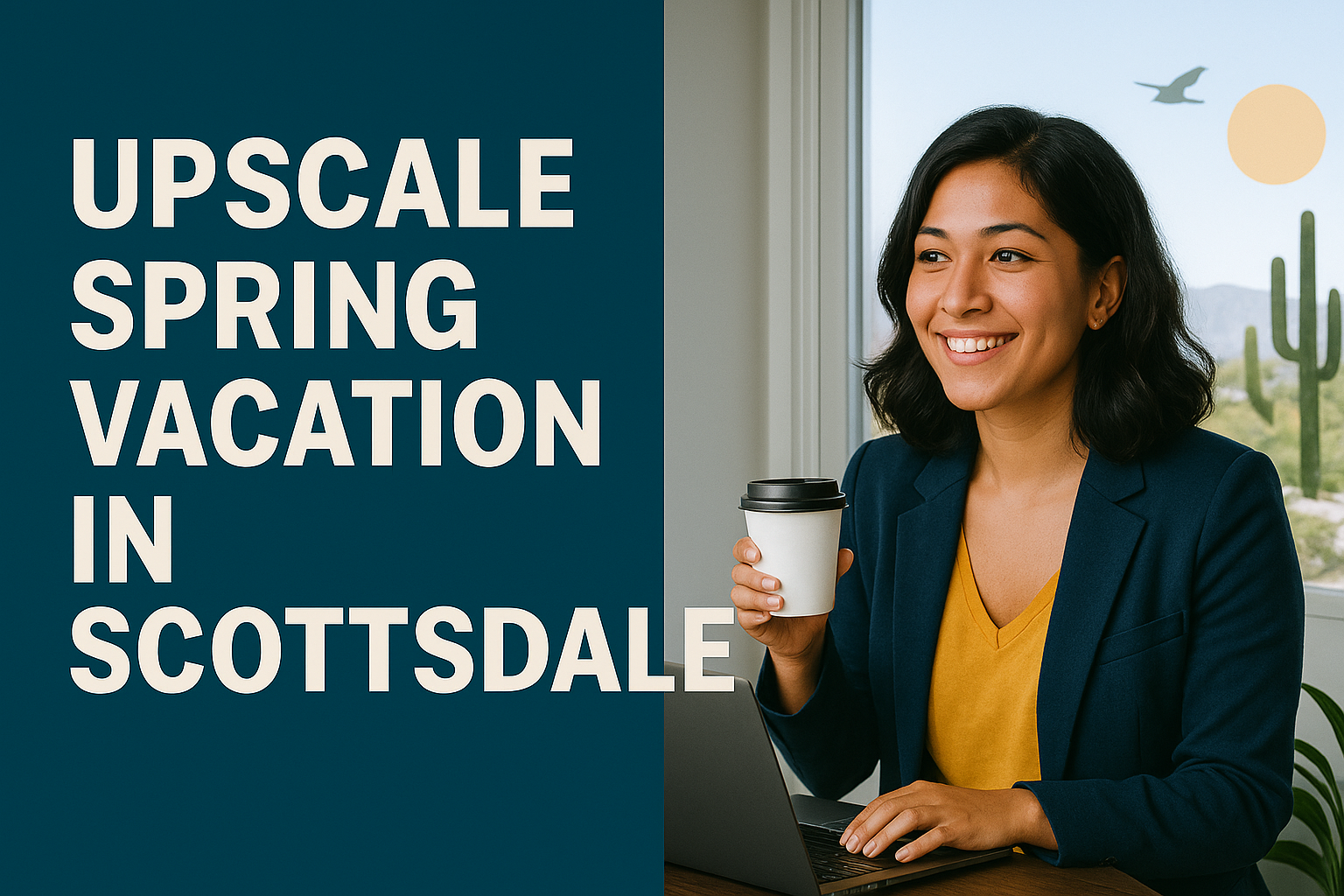 A promotional digital photograph features a young woman in a navy blazer and mustard blouse enjoying coffee by a bright window, with desert scenery in the background—perfectly capturing the feel of an upscale spring vacation in Scottsdale.