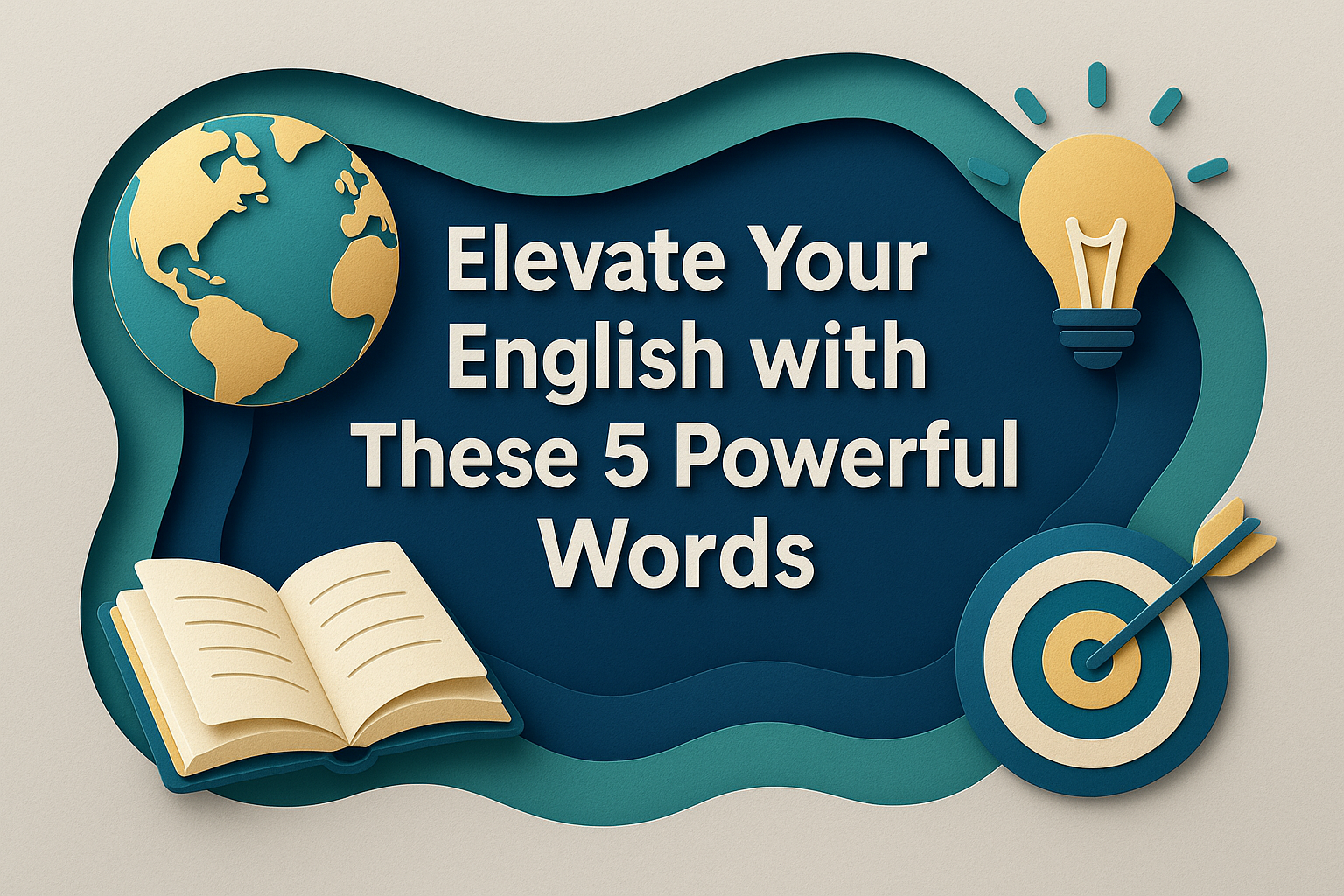 Banner image featuring the phrase "Elevate Your English with These 5 Powerful Words" in paper cut style with navy blue, soft gold, teal, and light gray layers, supporting the theme of 5 powerful words to improve English.
