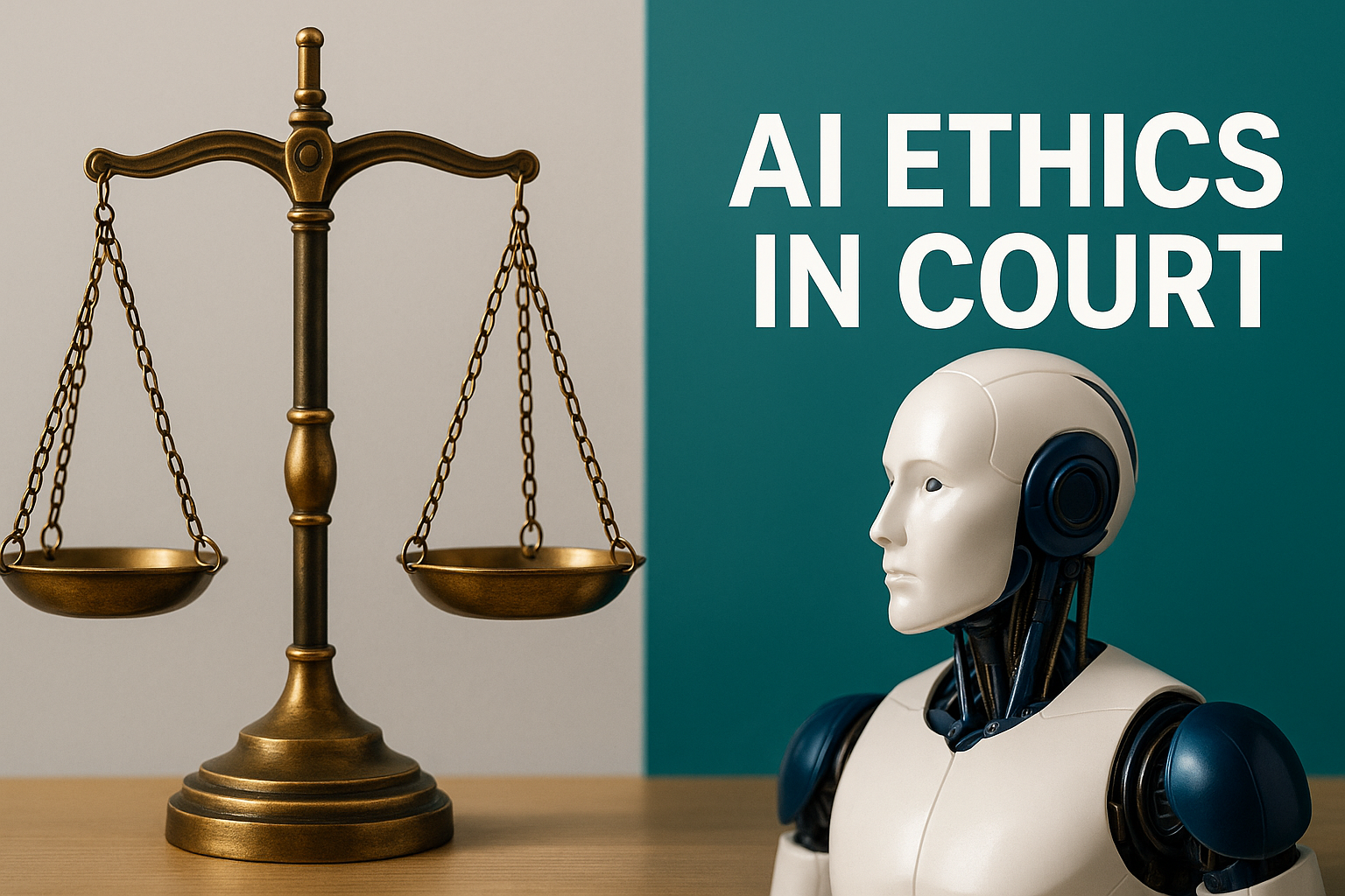 A balance scale and humanoid robot side by side with the text “AI Ethics in Court,” illustrating the AI ethics in court debate in a modern justice system.