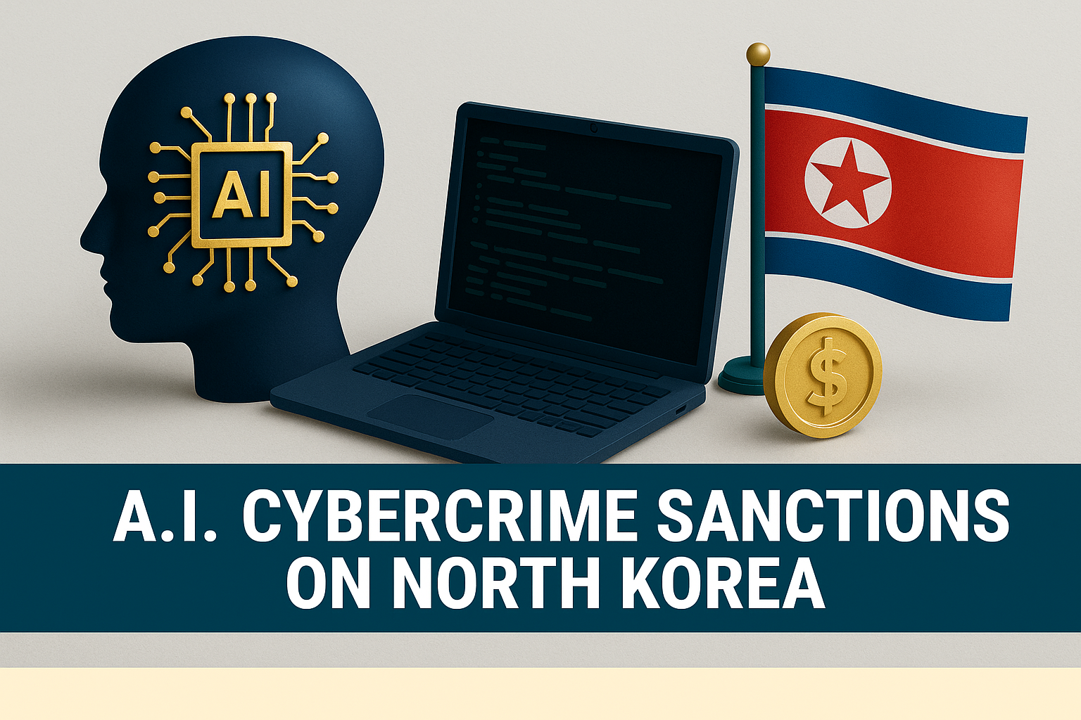 Banner image illustrating AI cybercrime sanctions on North Korea, featuring symbolic visuals including an AI head, a laptop with code, the North Korean flag, and a digital currency coin, styled in navy blue, soft gold, light gray, and teal brand colors.