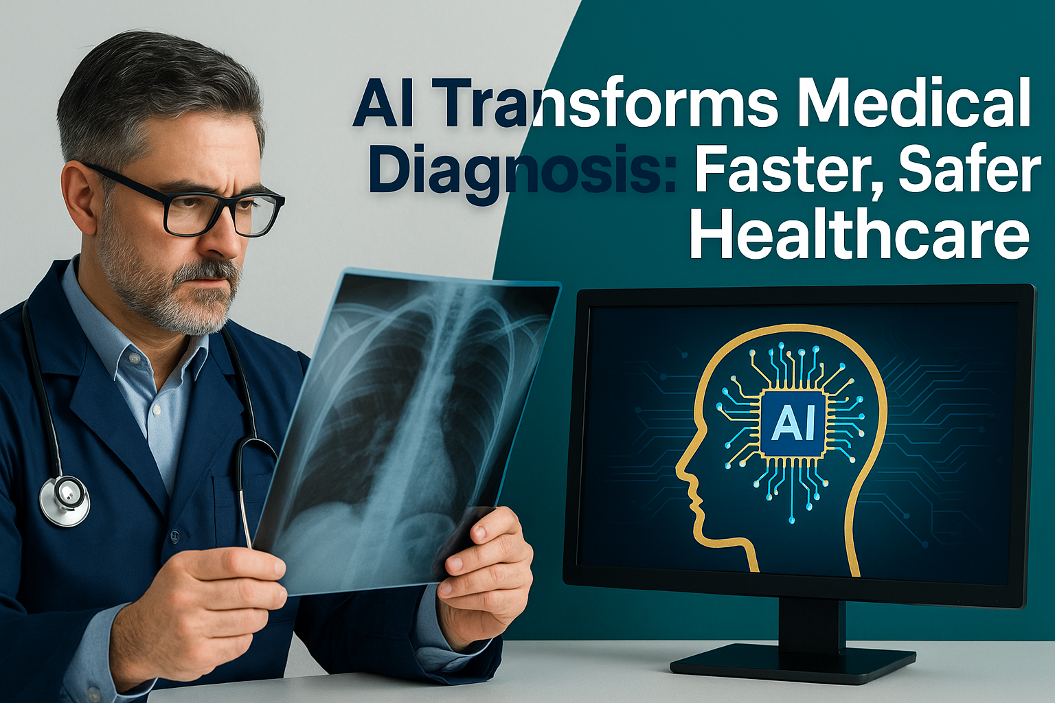 AI in medical diagnosis banner showing a doctor reviewing an X-ray alongside an AI brain graphic on a computer screen.