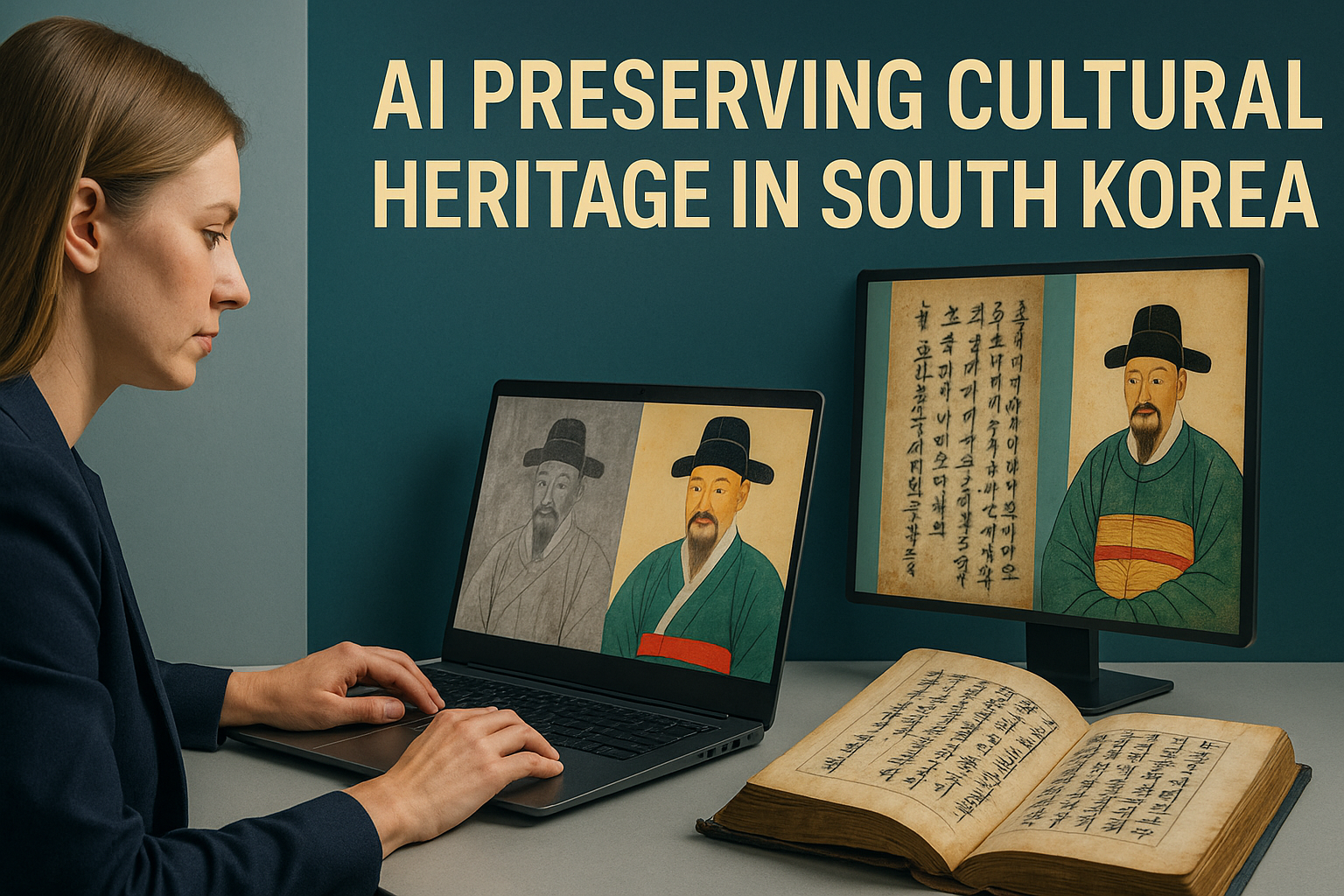 AI preserving cultural heritage in South Korea – a woman uses modern AI tools to restore faded Korean texts and ancient portraits.