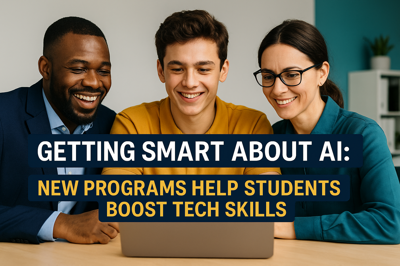 Three diverse students collaborate on a laptop in a modern office, representing new programs that build AI skills for students.