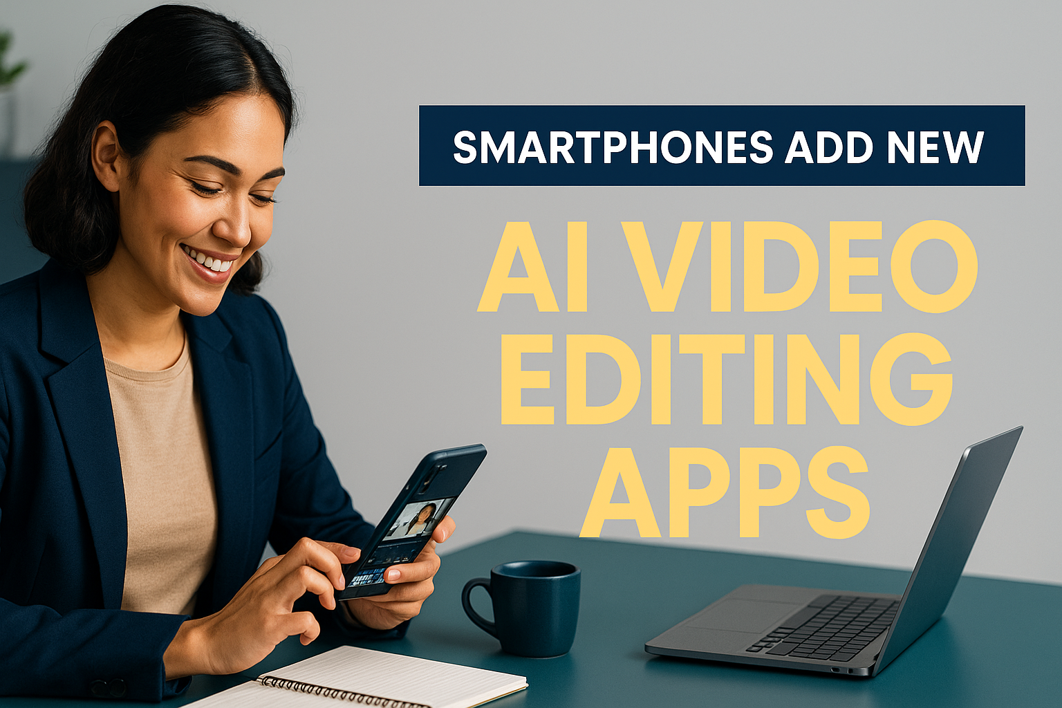Wide banner image of a woman using AI video editing apps on her smartphone at a modern desk, highlighting smartphone-based video creation tools.
