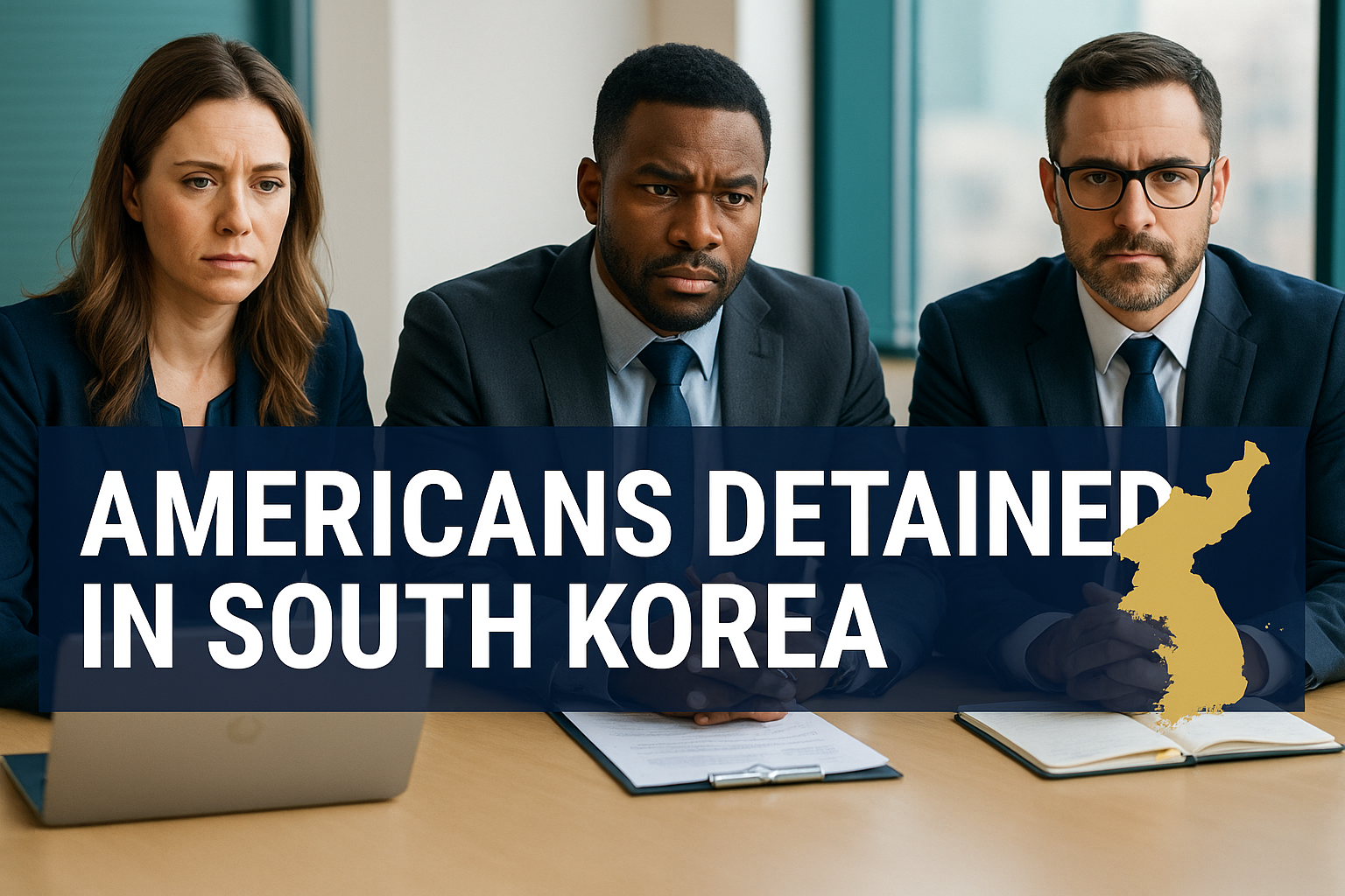 A photographic-style banner featuring three serious professionals in a bright office setting, with the headline “Americans Detained in South Korea” overlaid in bold navy and white, accented by a gold silhouette of the Korean Peninsula.