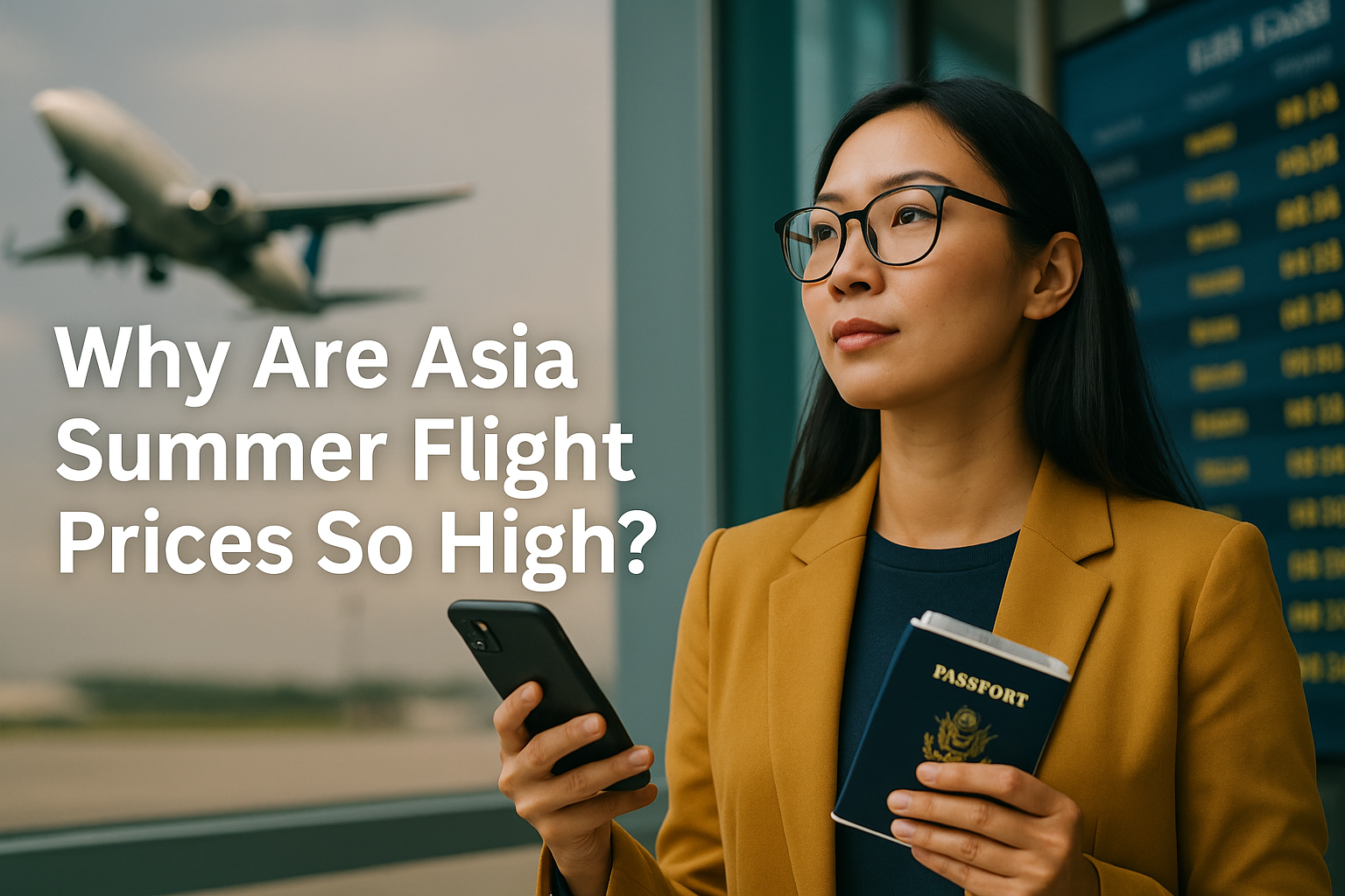 A photograph of an Asian woman at an airport holding a smartphone and passport, with an airplane in the background and the text “Why Are Asia Summer Flight Prices So High?” — representing rising airfare in Asia.
