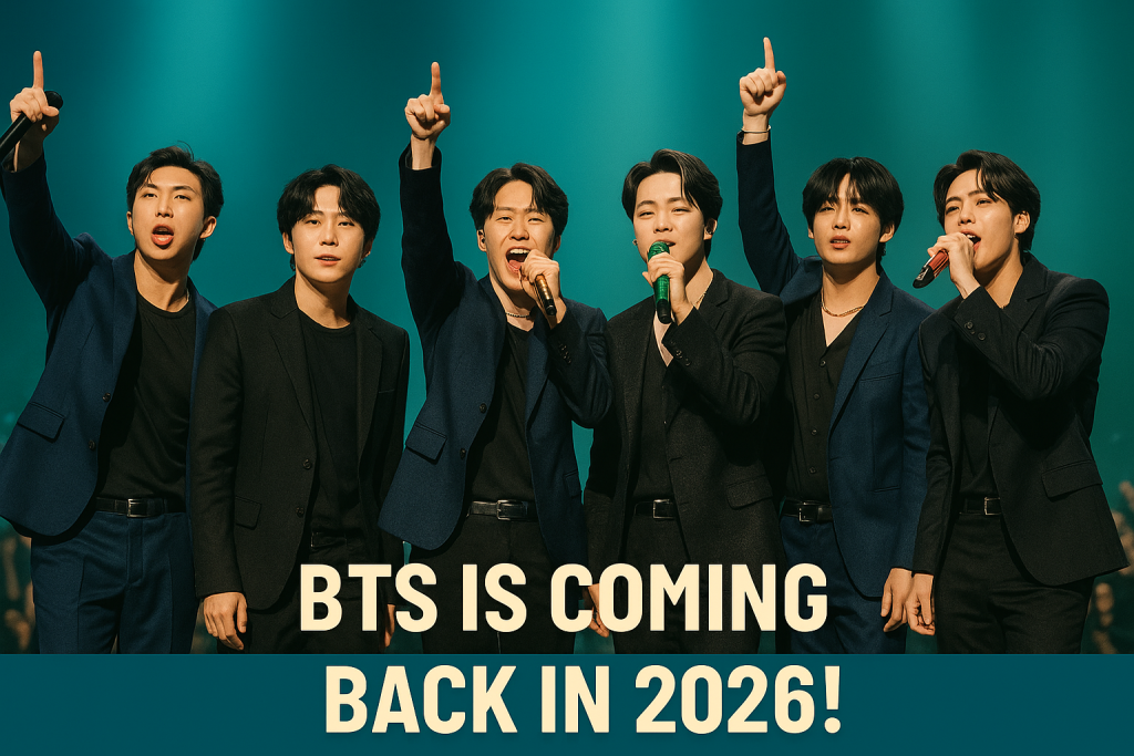 A centered promotional image of BTS performing together on stage, with teal lighting and the bold text “BTS IS COMING BACK IN 2026!” centered at the bottom in cream on a teal background.