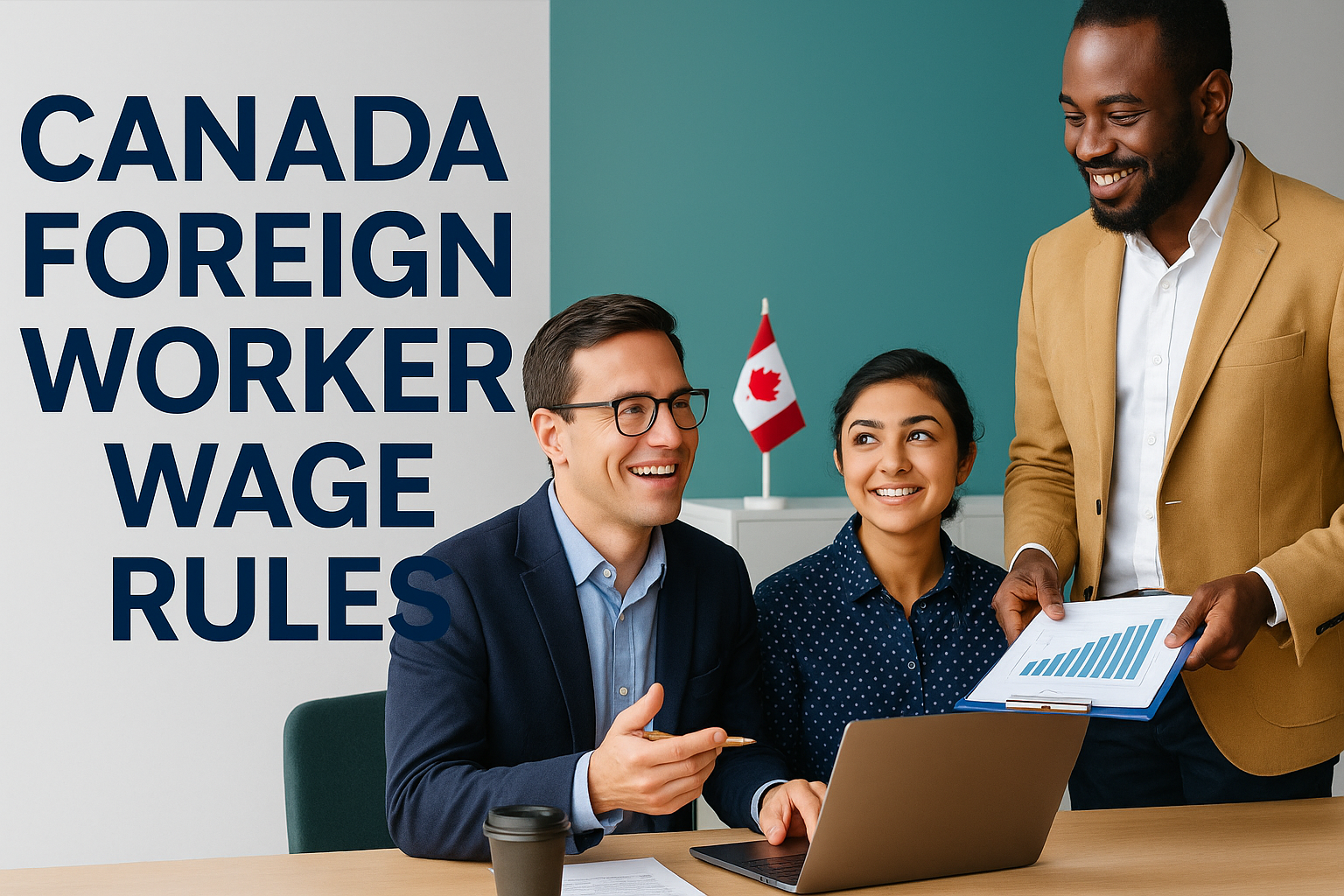 Professionals discussing Canada foreign worker wage rules with Canadian flag in background – Canada foreign worker wage rules banner image.
