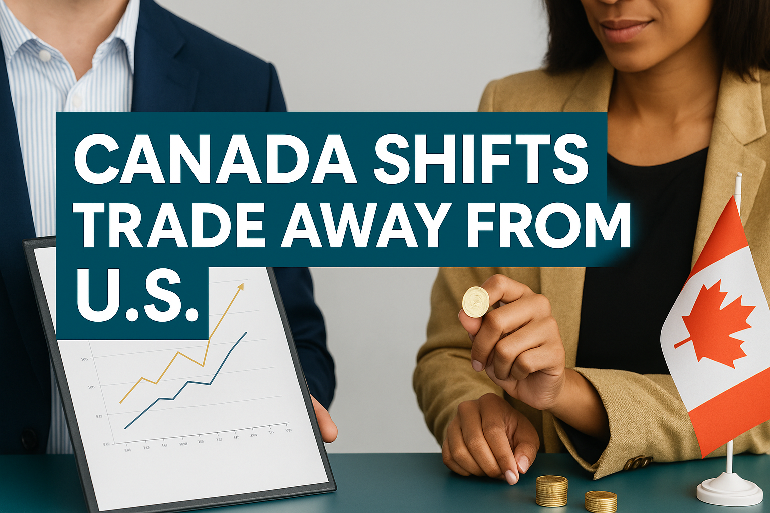 A photograph with overlaid text features two business professionals discussing trade strategy beside a Canadian flag, highlighting the theme “Canada shifts trade away from U.S.”