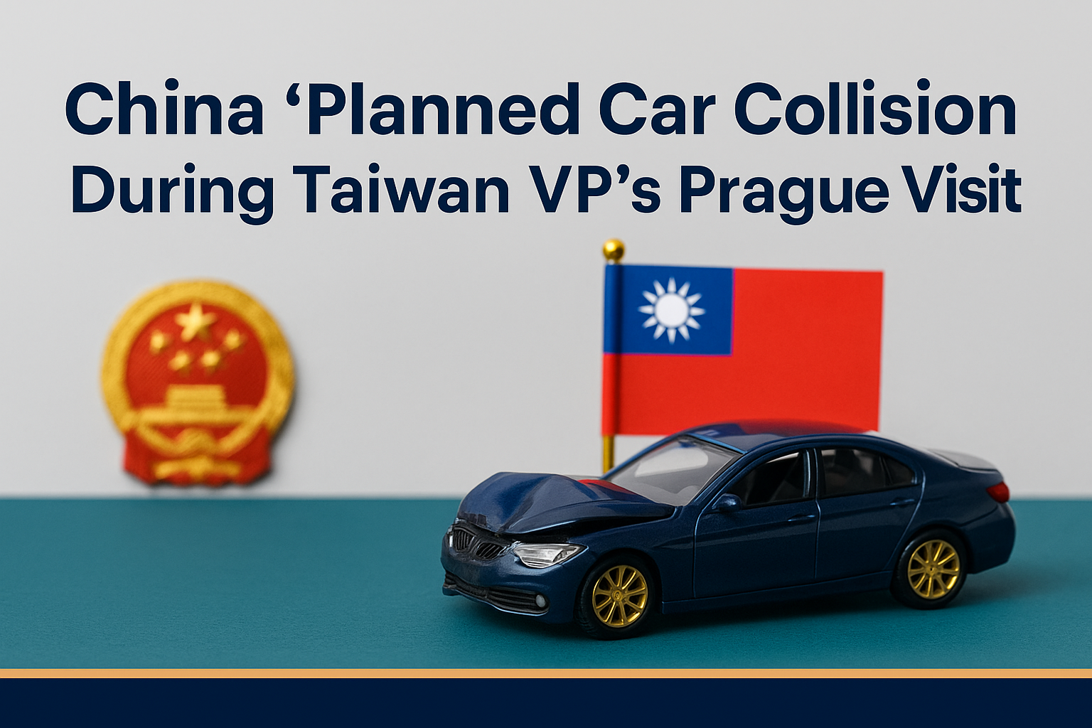 Banner image showing a navy-blue toy car with a dented front, parked beside the Taiwanese flag and a blurred Chinese emblem. The headline reads “China ‘Planned Car Collision’ During Taiwan VP’s Prague Visit” in bold Roboto font. Brand colors include navy blue, soft gold, light gray, and teal.