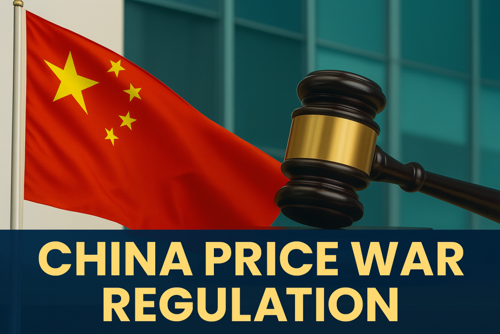 Wide banner image with a Chinese flag on the left and a gavel on the right, symbolizing government regulation, with bold navy and gold text reading “CHINA PRICE WAR REGULATION” across the bottom.