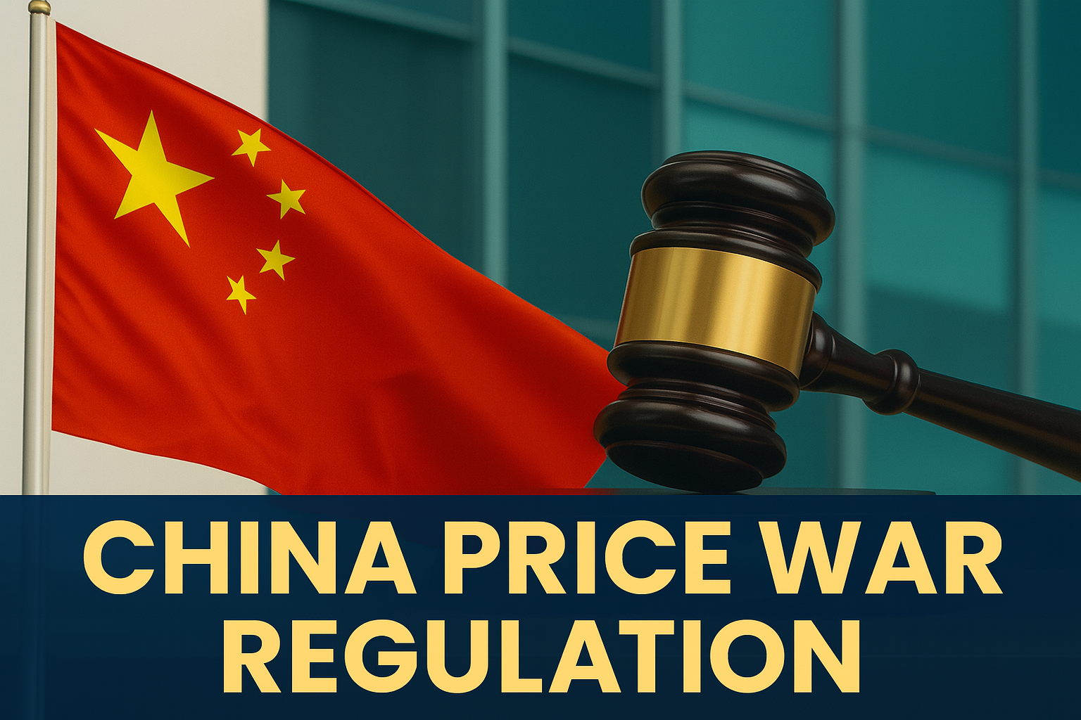 Wide banner image with a Chinese flag on the left and a gavel on the right, symbolizing government regulation, with bold navy and gold text reading “CHINA PRICE WAR REGULATION” across the bottom.