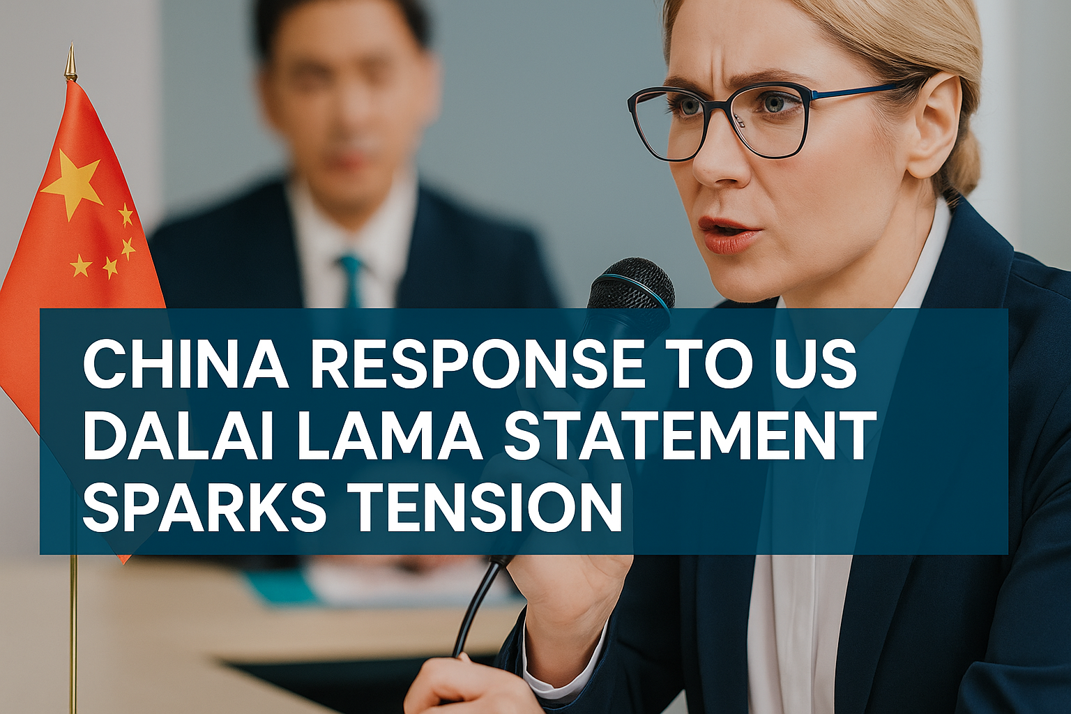 A diplomatic press conference scene with a woman speaking into a microphone beside a Chinese flag, representing the China response to US Dalai Lama statement.