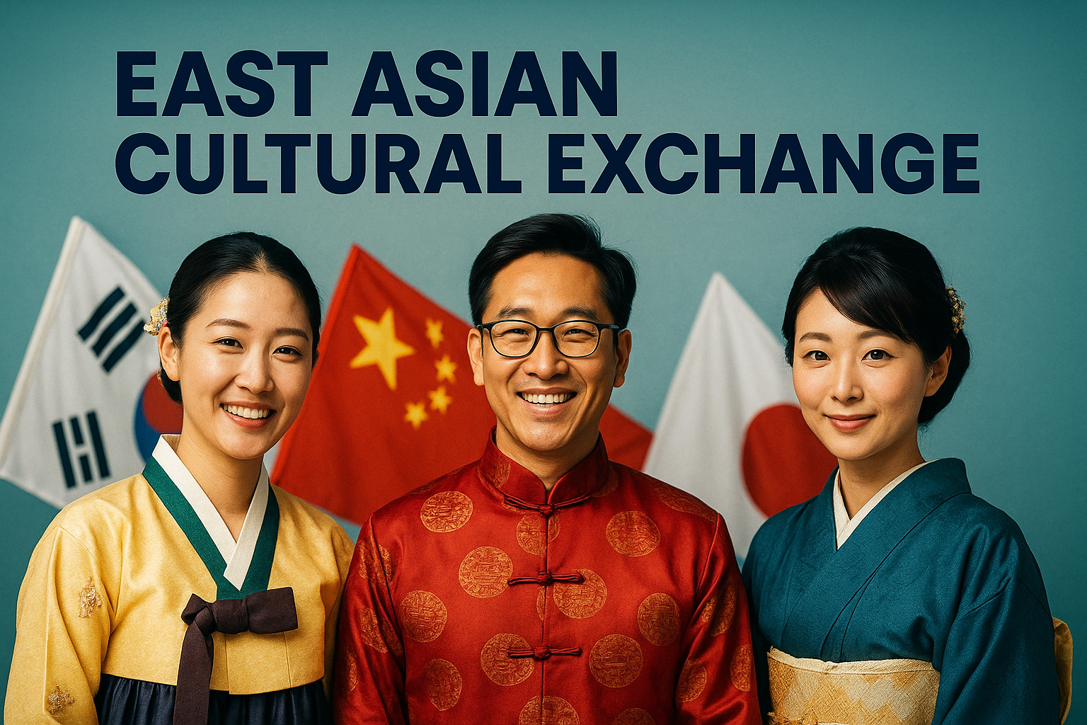A digital banner image promoting East Asian cultural exchange, featuring people in traditional Korean, Chinese, and Japanese clothing with national flags in the background.
