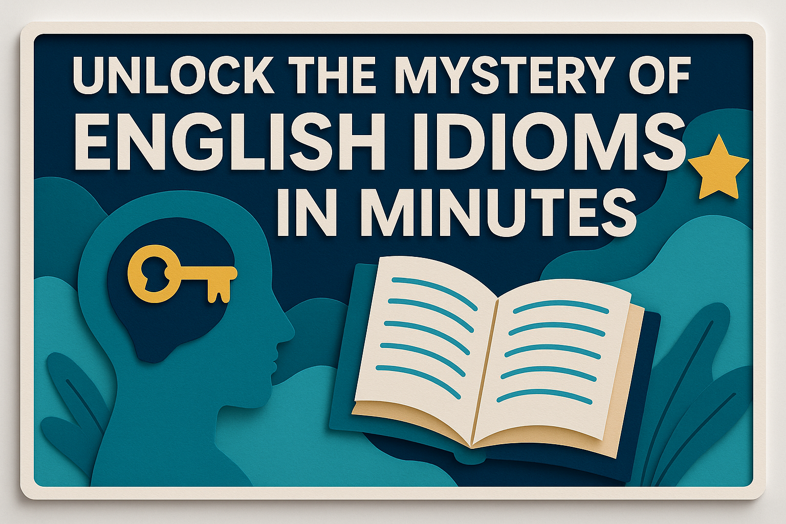 3D paper cut illustration with title "Unlock the Mystery of English Idioms in Minutes" in bold Roboto font, using navy blue, soft gold, light gray, and teal brand colors — perfect for learning English idioms in minutes.
