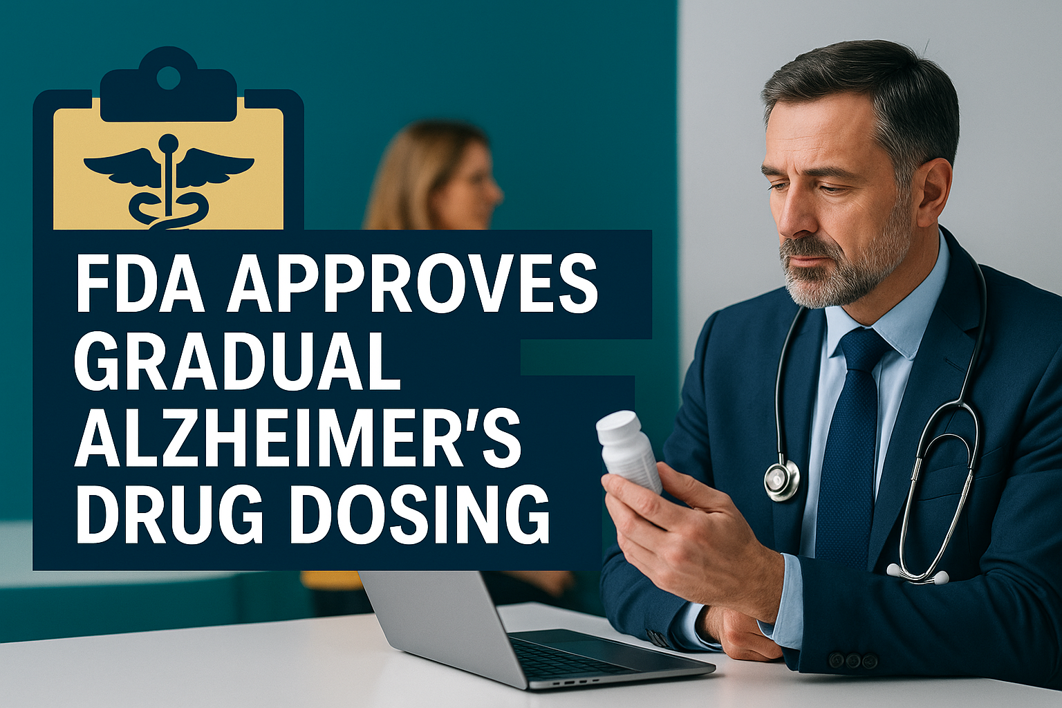 A digital informational banner depicts the approval of a new FDA dosing schedule for Alzheimer's treatment. A serious-looking doctor examines a prescription bottle beside the headline “FDA Approves Gradual Alzheimer’s Drug Dosing,” set in Roboto Bold over a navy background with soft gold and teal highlights.
