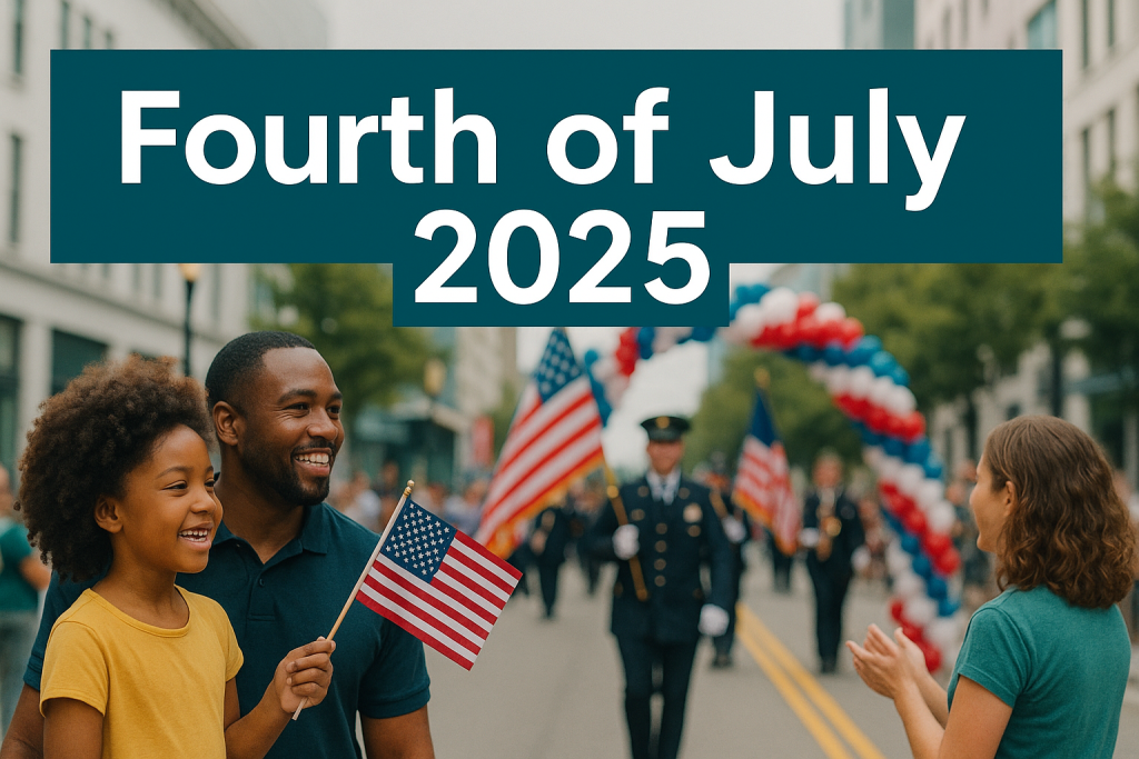Banner image showing a joyful Fourth of July 2025 parade with a smiling family waving American flags and a uniformed marching band in the background, with the text “Fourth of July 2025” in bold teal across the top.