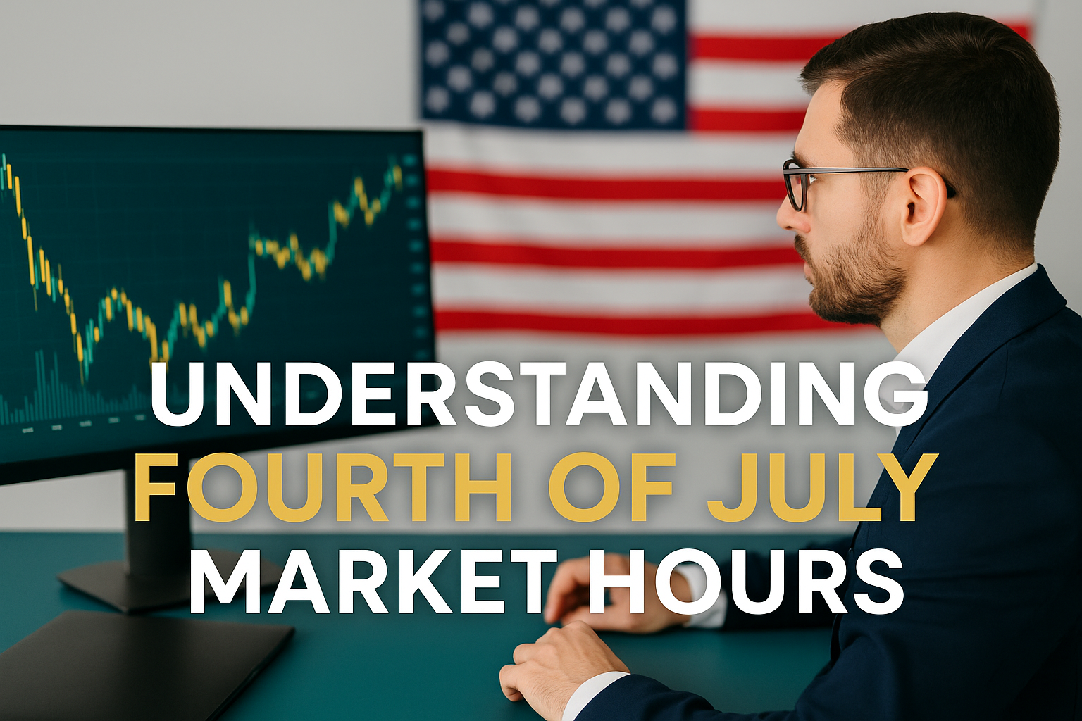 Banner showing a businessman analyzing financial data with an American flag in the background, representing Fourth of July market hours.