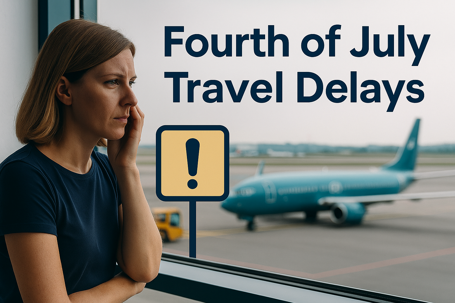 A woman looks concerned at the airport while her flight is delayed, illustrating Fourth of July travel delays with a teal airplane and caution sign in the background.