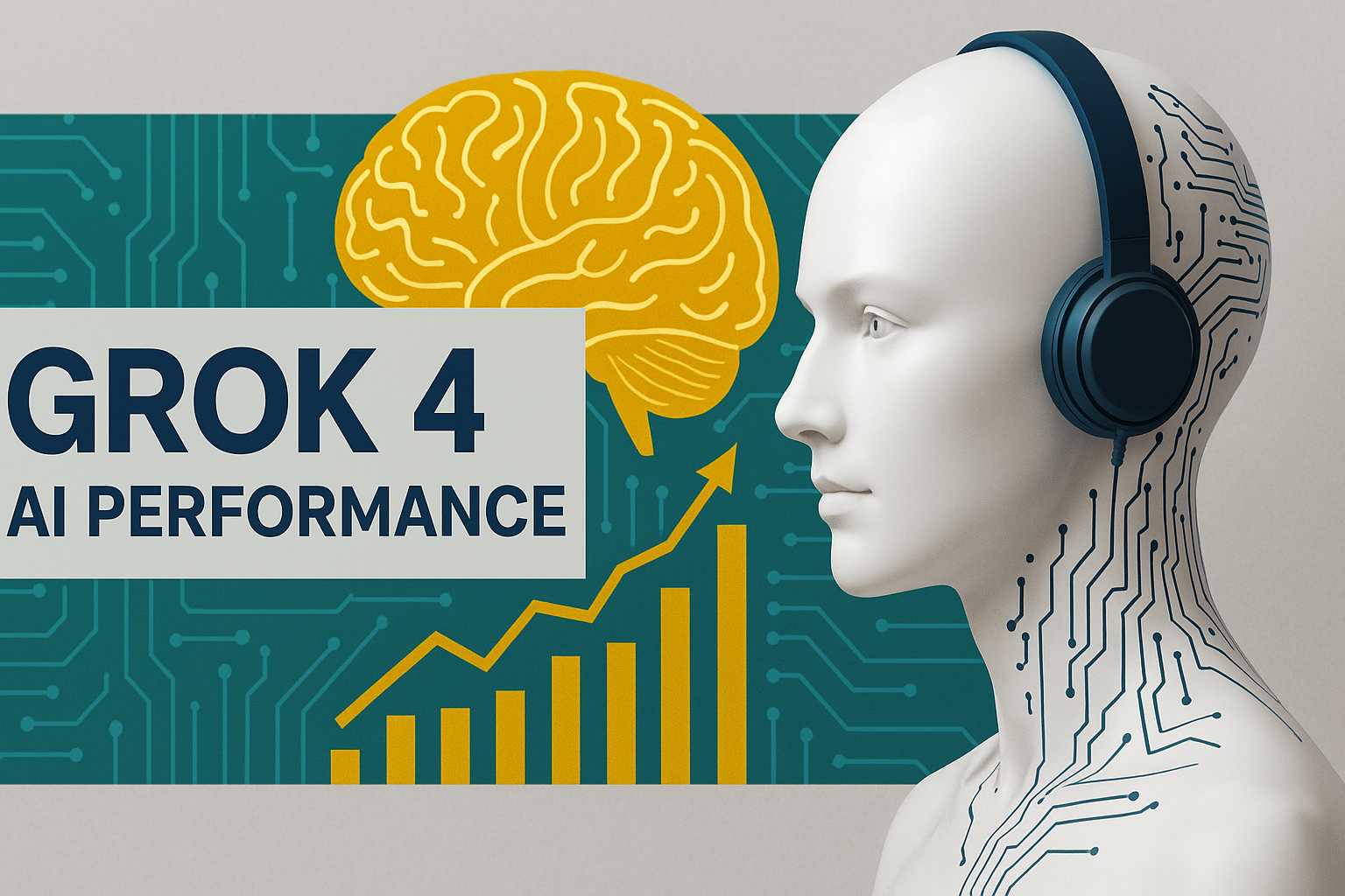 A digital graphic showing a humanoid AI with circuitry, navy headphones, and a gold brain diagram, representing Grok 4 AI performance.