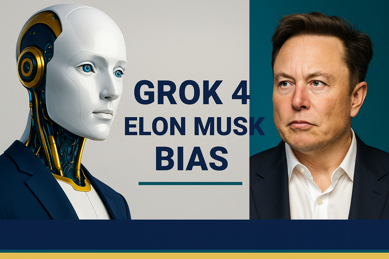 Banner image illustrating the concept of Grok 4 Elon Musk bias, featuring a humanoid robot and Elon Musk in contrasting tones with the title text.