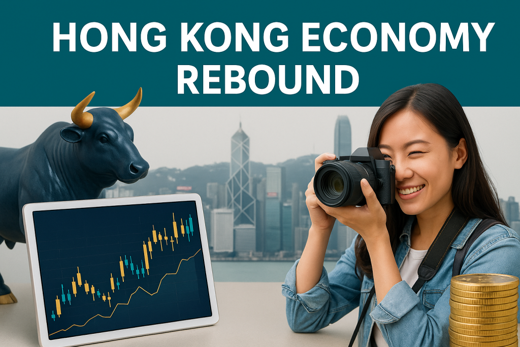 A digital banner image symbolizing the Hong Kong economy rebound, showing a navy blue bull, a tablet with rising stock charts, and a smiling tourist with a camera in front of Hong Kong’s skyline.