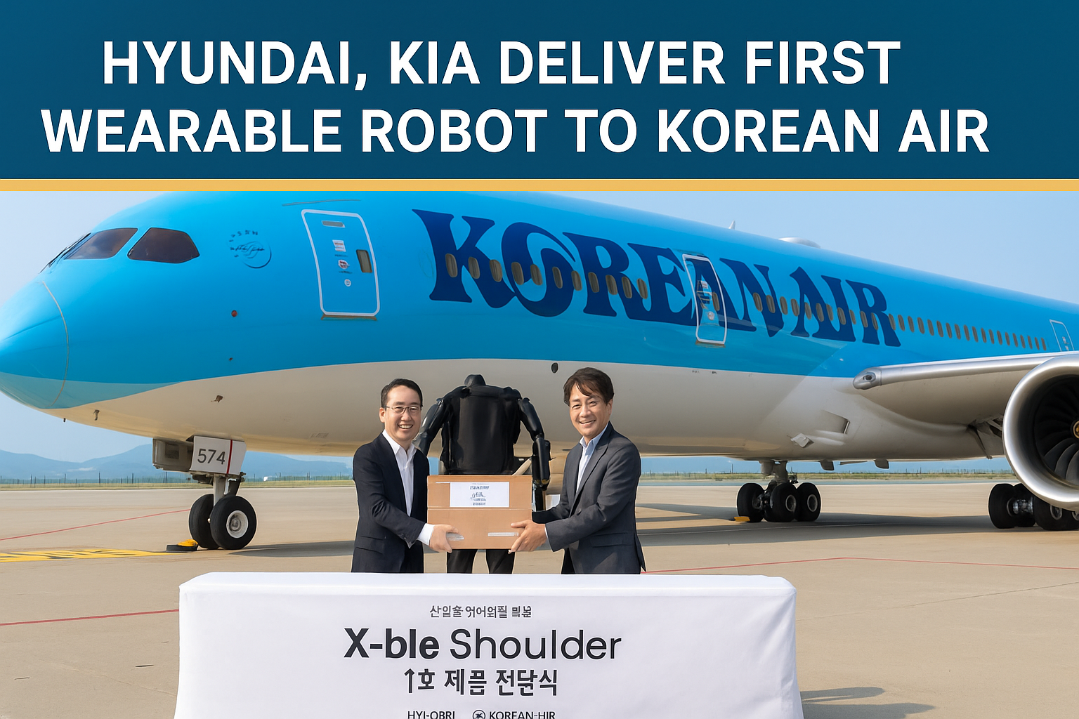 Hyundai Kia wearable robot X-ble Shoulder delivery ceremony at Korean Air with executives and Boeing aircraft in the background.