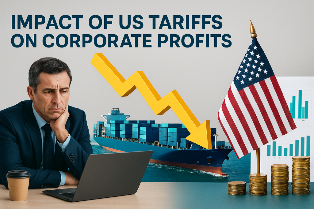 “Impact of US tariffs on corporate profits” visualized with a businessperson, a container ship, and downward economic indicators in patriotic colors.
