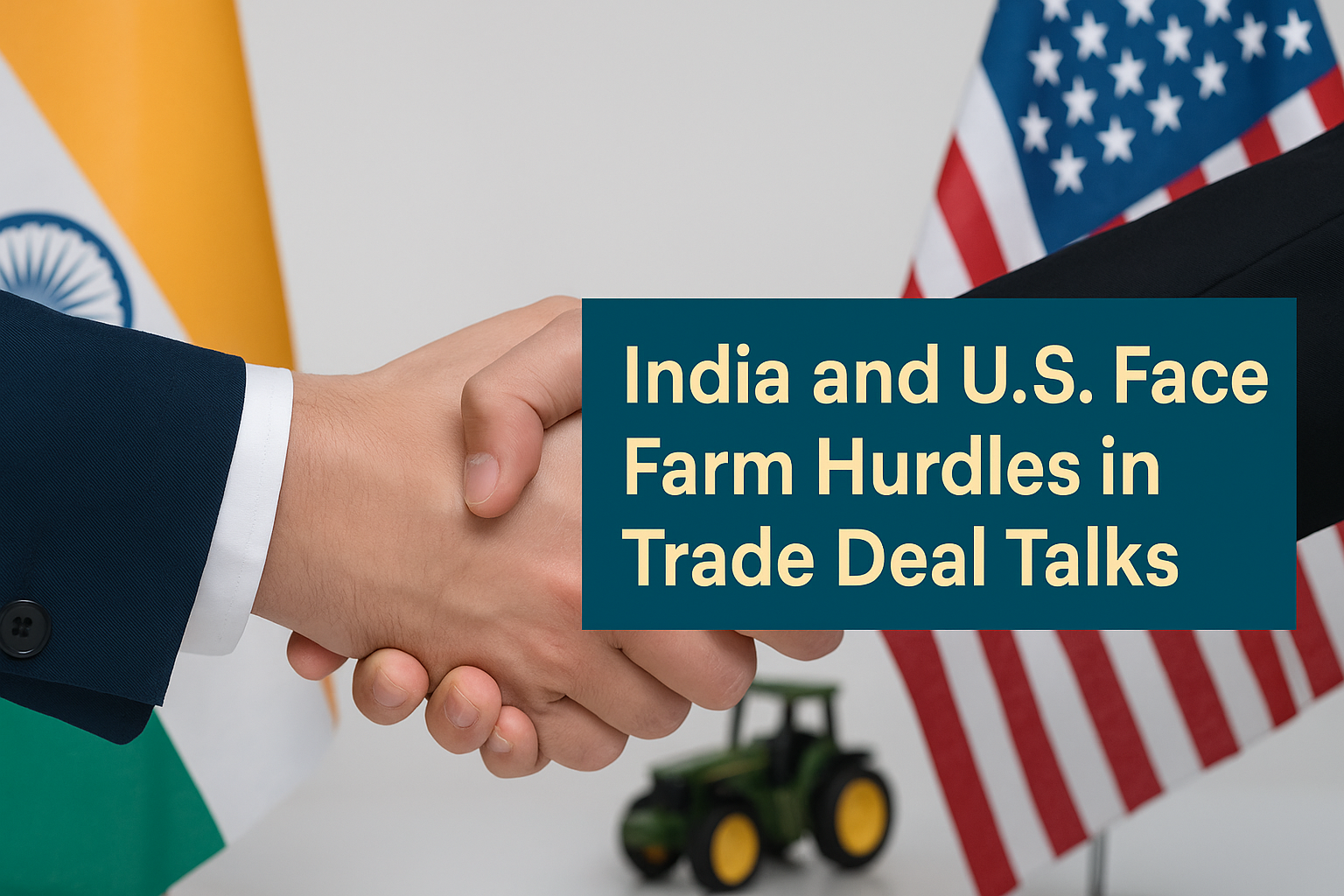Banner showing a business-style handshake between an Indian and American professional with their national flags in the background. A small green tractor suggests agricultural trade. Overlaid text reads: “India and U.S. Face Farm Hurdles in Trade Deal Talks.”